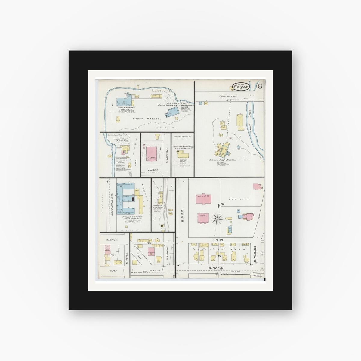 Old map wall art mockup — black gallery frame with white mat — Sanborn Fire Insurance Map from Wabash, Wabash County, Indiana (1893), Sheet #0008