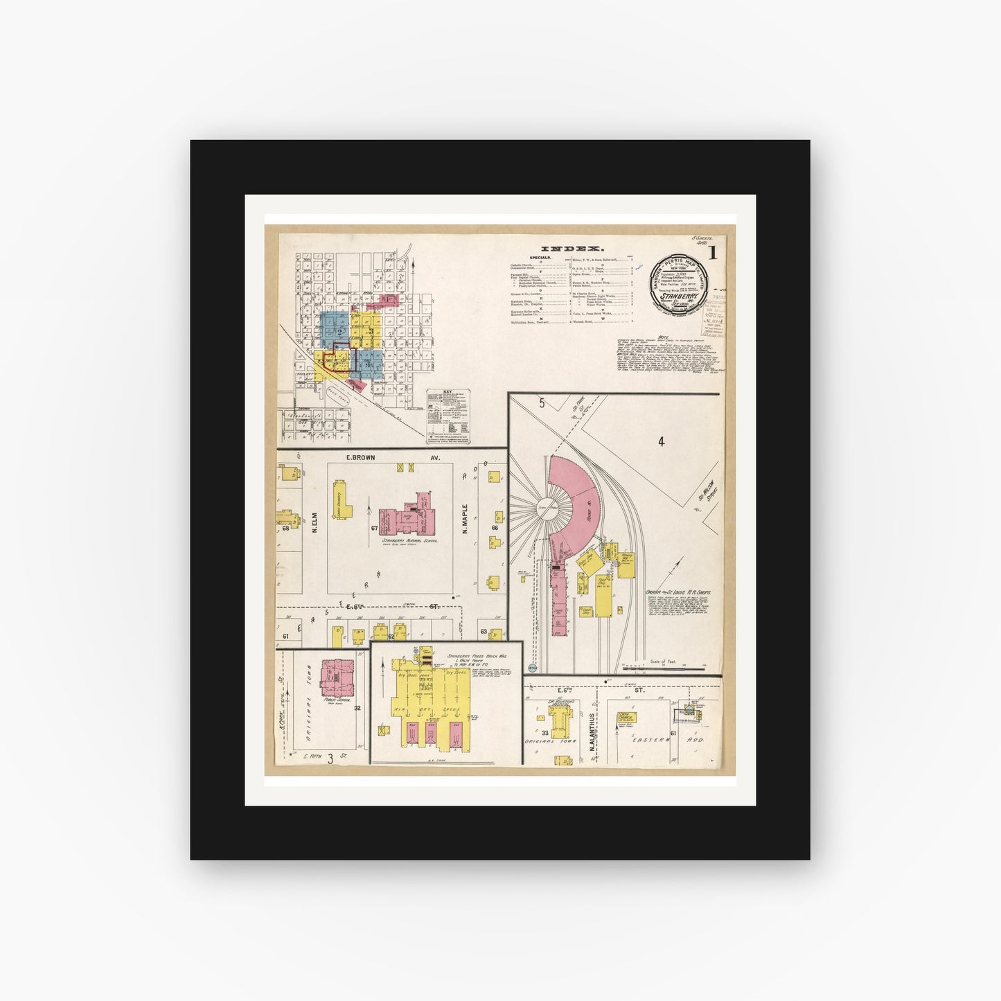 Old map wall art mockup — black gallery frame with white mat — Sanborn Fire Insurance Map from Stanberry, Gentry County, Missouri (1900), Sheet #0001
