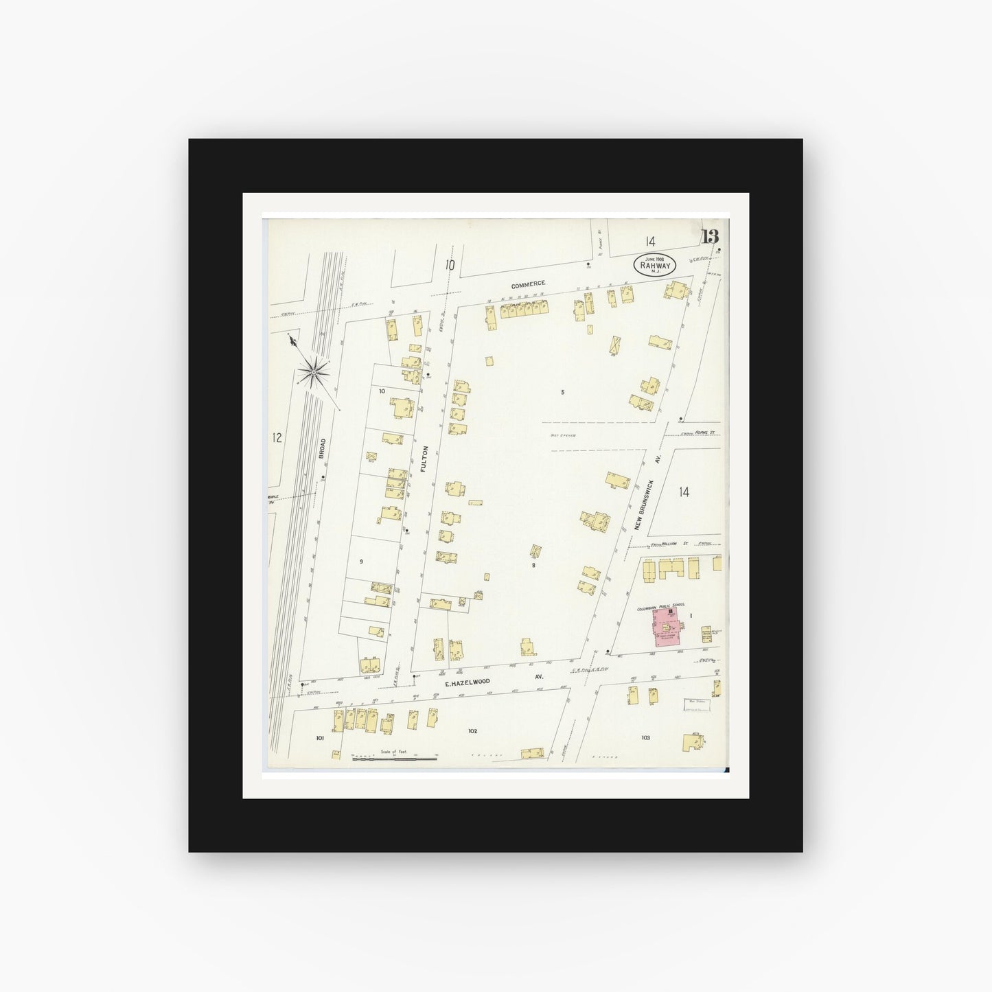 Old map wall art mockup — black gallery frame with white mat — Sanborn Fire Insurance Map from Rahway, Union County, New Jersey (1908), Sheet #0013