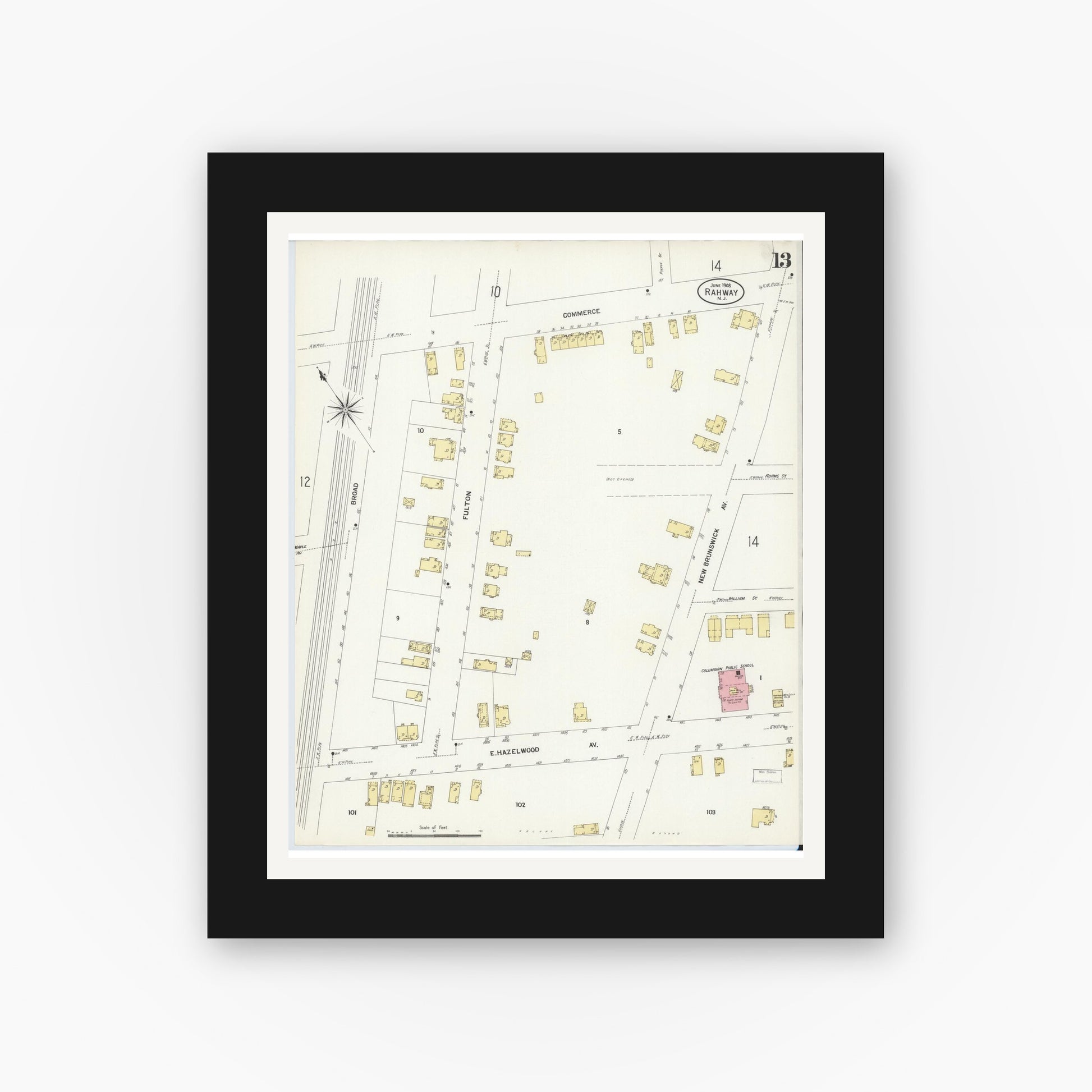 Old map wall art mockup — black gallery frame with white mat — Sanborn Fire Insurance Map from Rahway, Union County, New Jersey (1908), Sheet #0013
