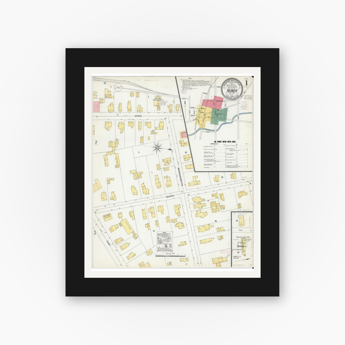Old map wall art mockup — black gallery frame with white mat — Sanborn Fire Insurance Map from Nunda, Livingston County, New York (1903) - Complete Map Set