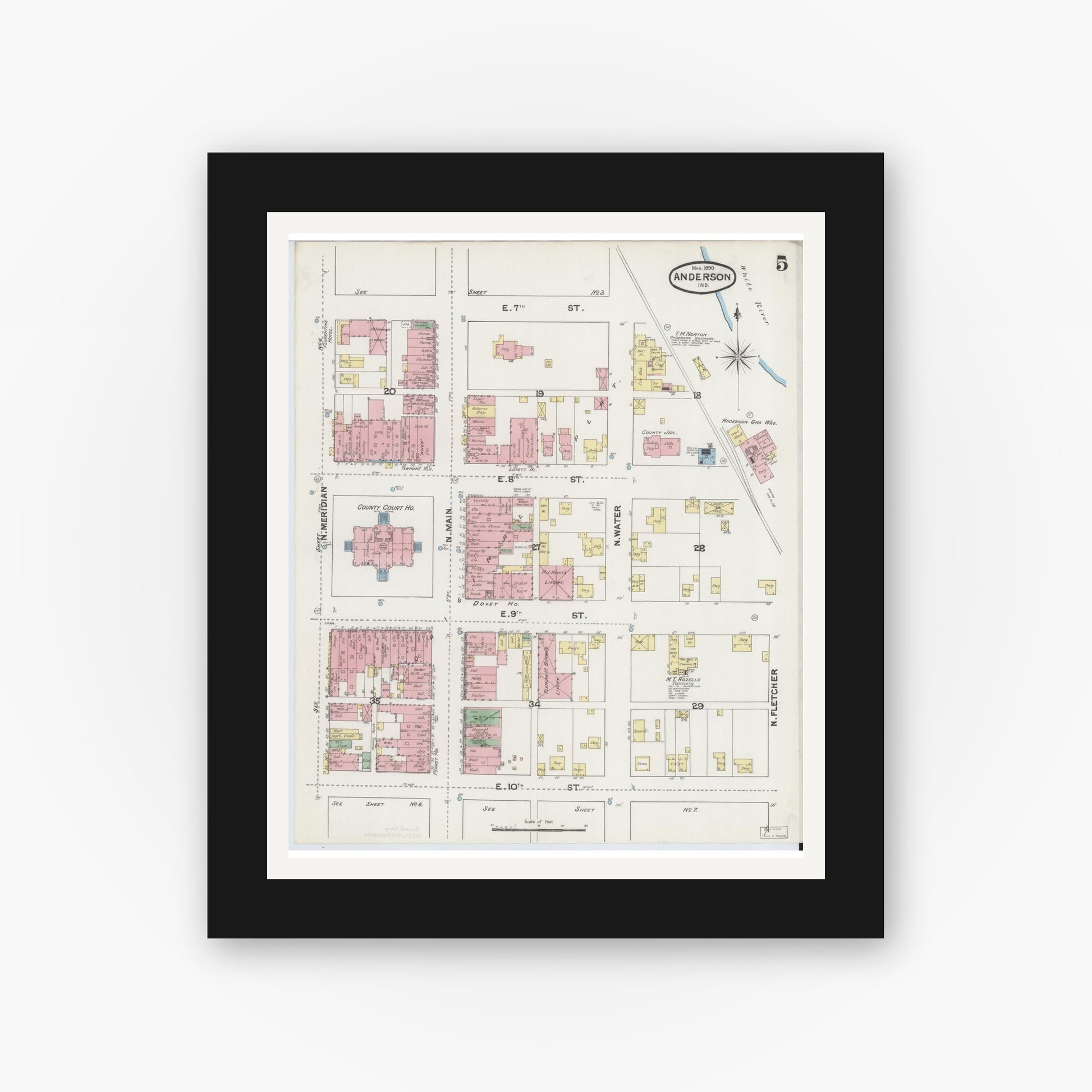 Old map wall art mockup — black gallery frame with white mat — Sanborn Fire Insurance Map from Anderson, Madison County, Indiana (1890), Sheet #0005