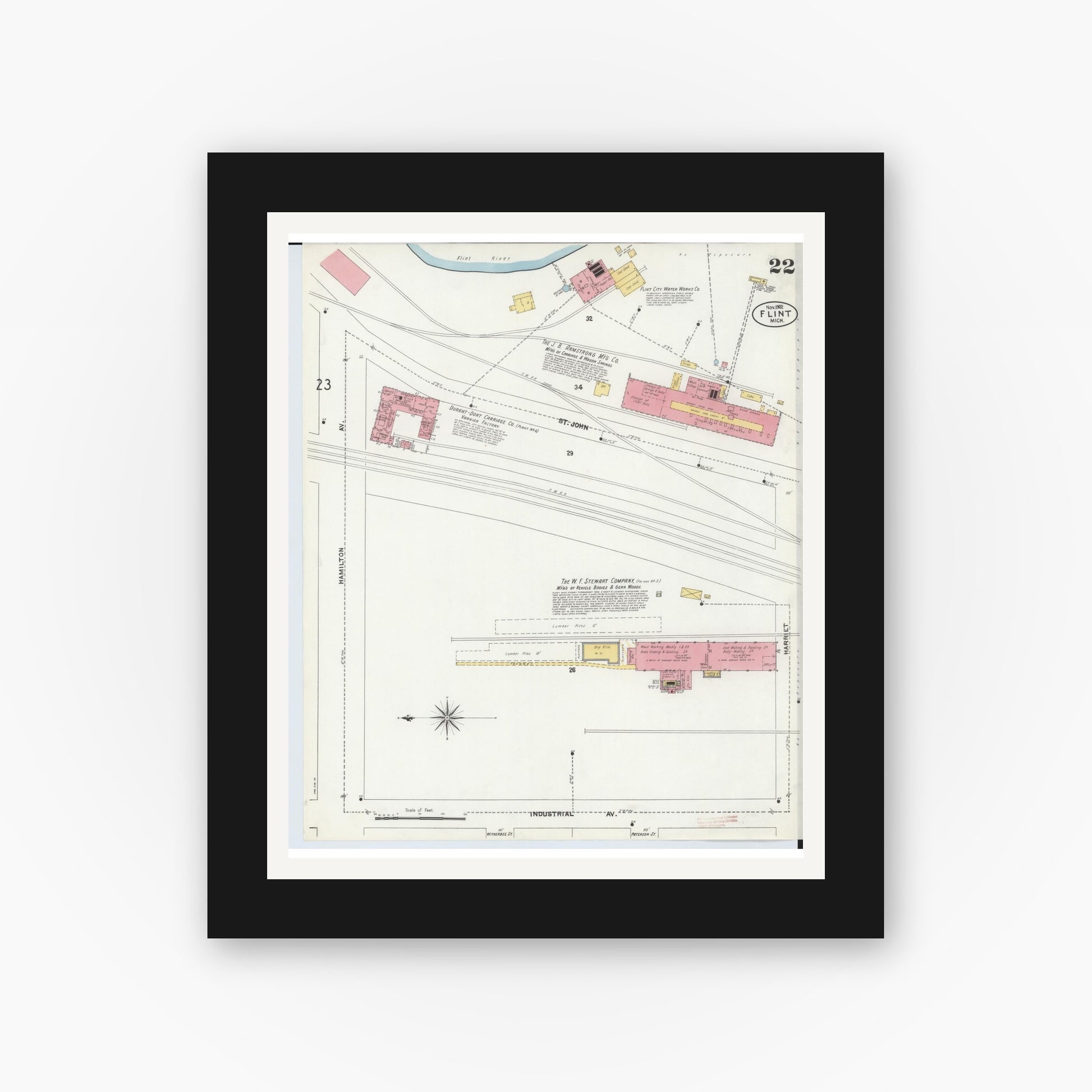 Old map wall art mockup — black gallery frame with white mat — Sanborn Fire Insurance Map from Flint, Genesee County, Michigan (1902), Sheet #0022