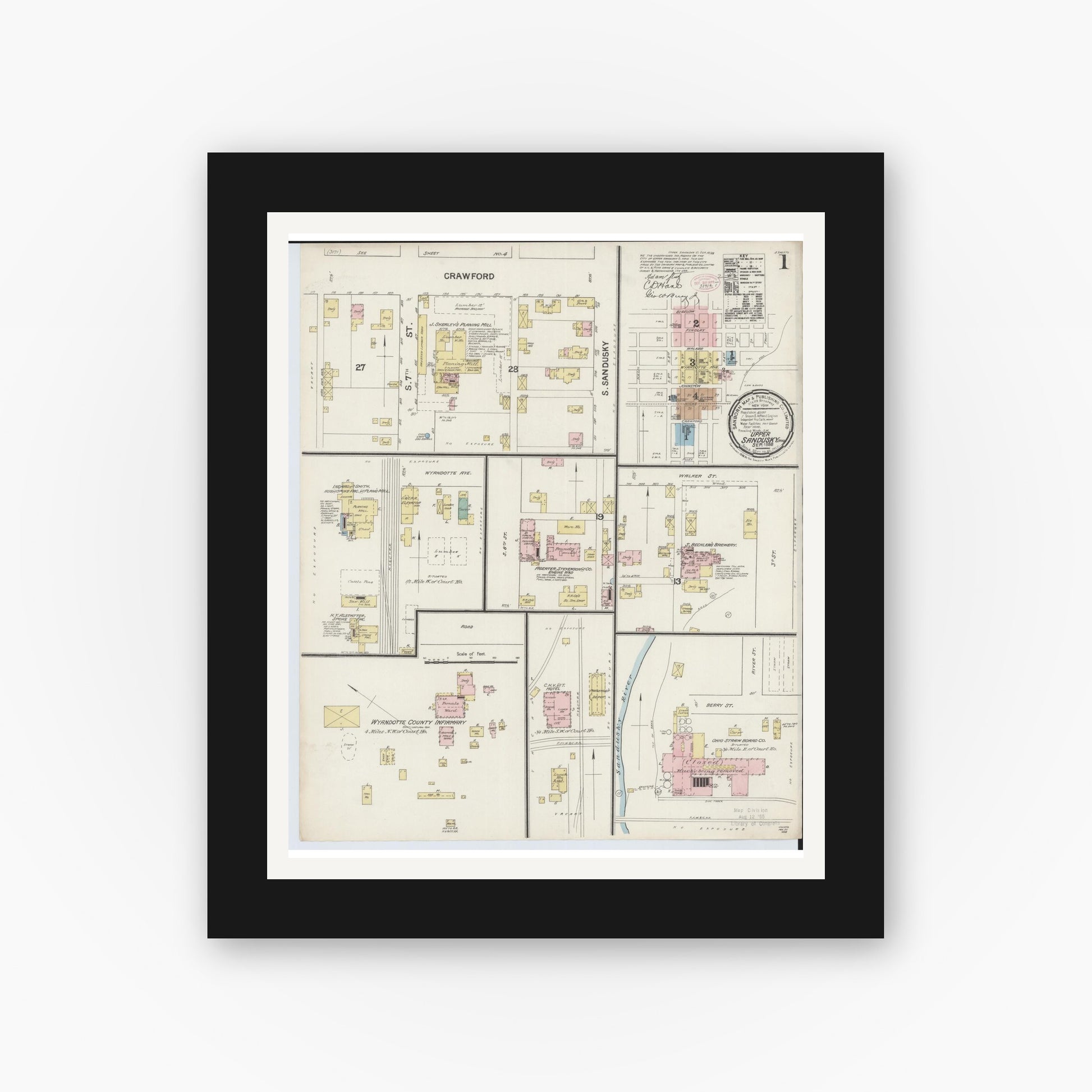 Old map wall art mockup — black gallery frame with white mat — Sanborn Fire Insurance Map from Upper Sandusky, Wyandot County, Ohio (1888) - Complete Map Set