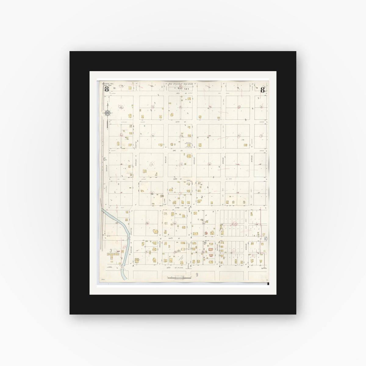 Old map wall art mockup — black gallery frame with white mat — Sanborn Fire Insurance Map from Snyder, Scurry County, Texas (1942), Sheet #0008