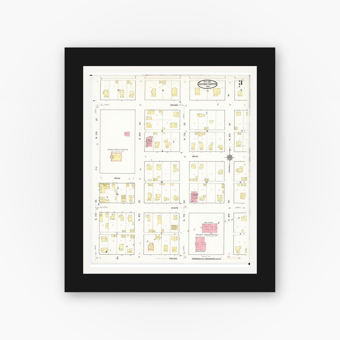 Old map wall art mockup — black gallery frame with white mat — Sanborn Fire Insurance Map from Guthrie Center, Guthrie County, Iowa (1916), Sheet #0003