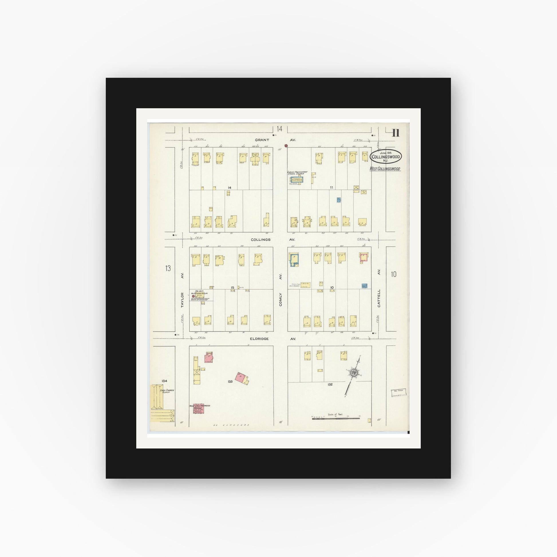 Old map wall art mockup — black gallery frame with white mat — Sanborn Fire Insurance Map from Collingswood, Camden County, New Jersey (1915), Sheet #0011
