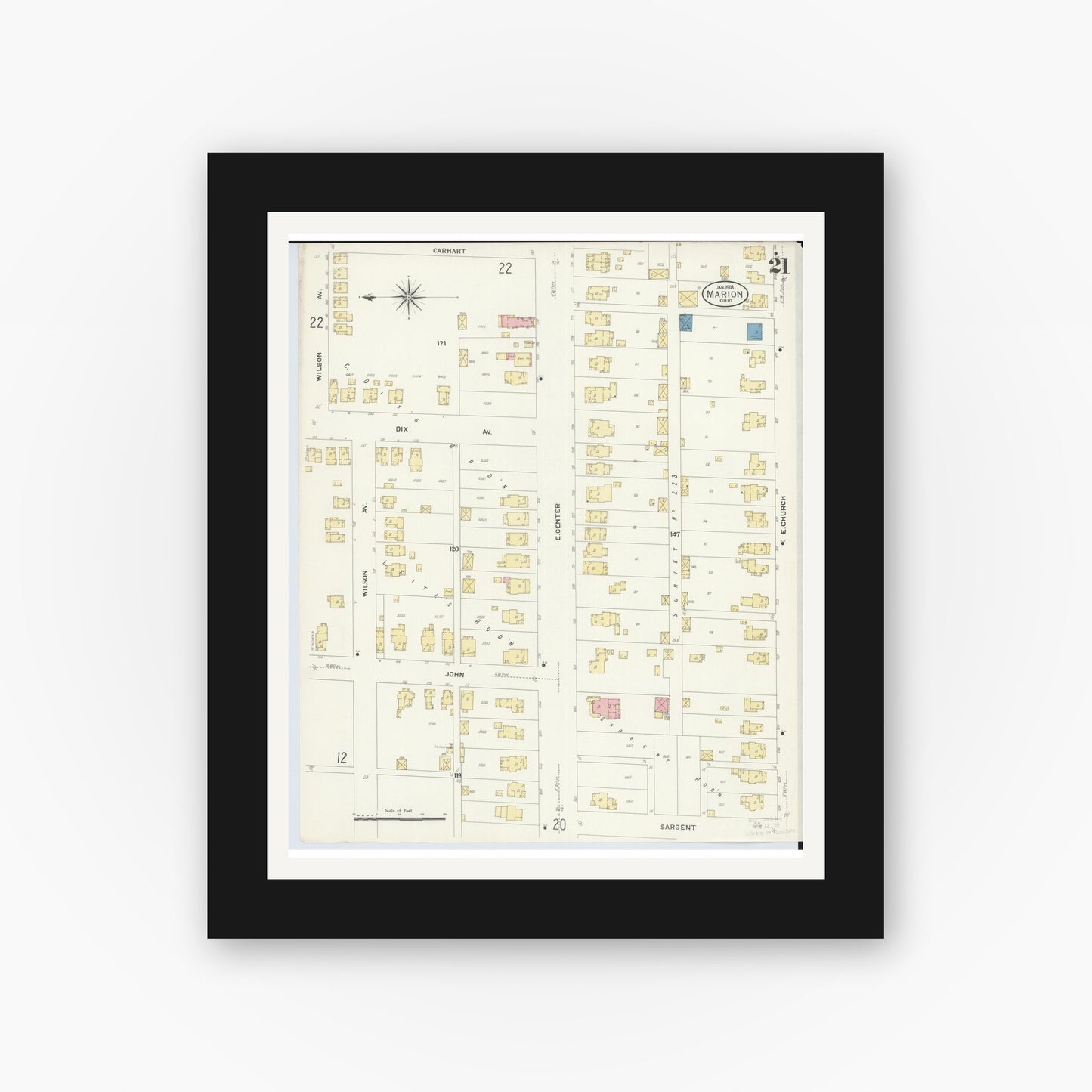 Old map wall art mockup — black gallery frame with white mat — Sanborn Fire Insurance Map from Marion, Marion County, Ohio (1908), Sheet #0021