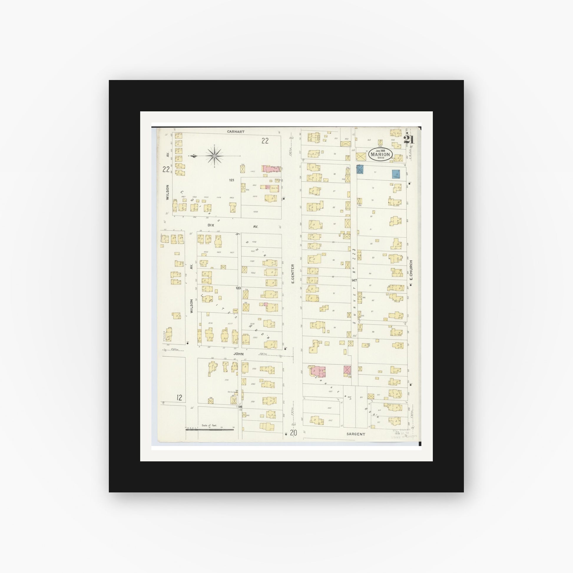 Old map wall art mockup — black gallery frame with white mat — Sanborn Fire Insurance Map from Marion, Marion County, Ohio (1908), Sheet #0021