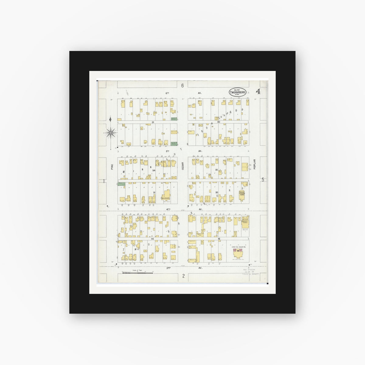 Old map wall art mockup — black gallery frame with white mat — Sanborn Fire Insurance Map from Two Harbors, Lake County, Minnesota (1901), Sheet #0004