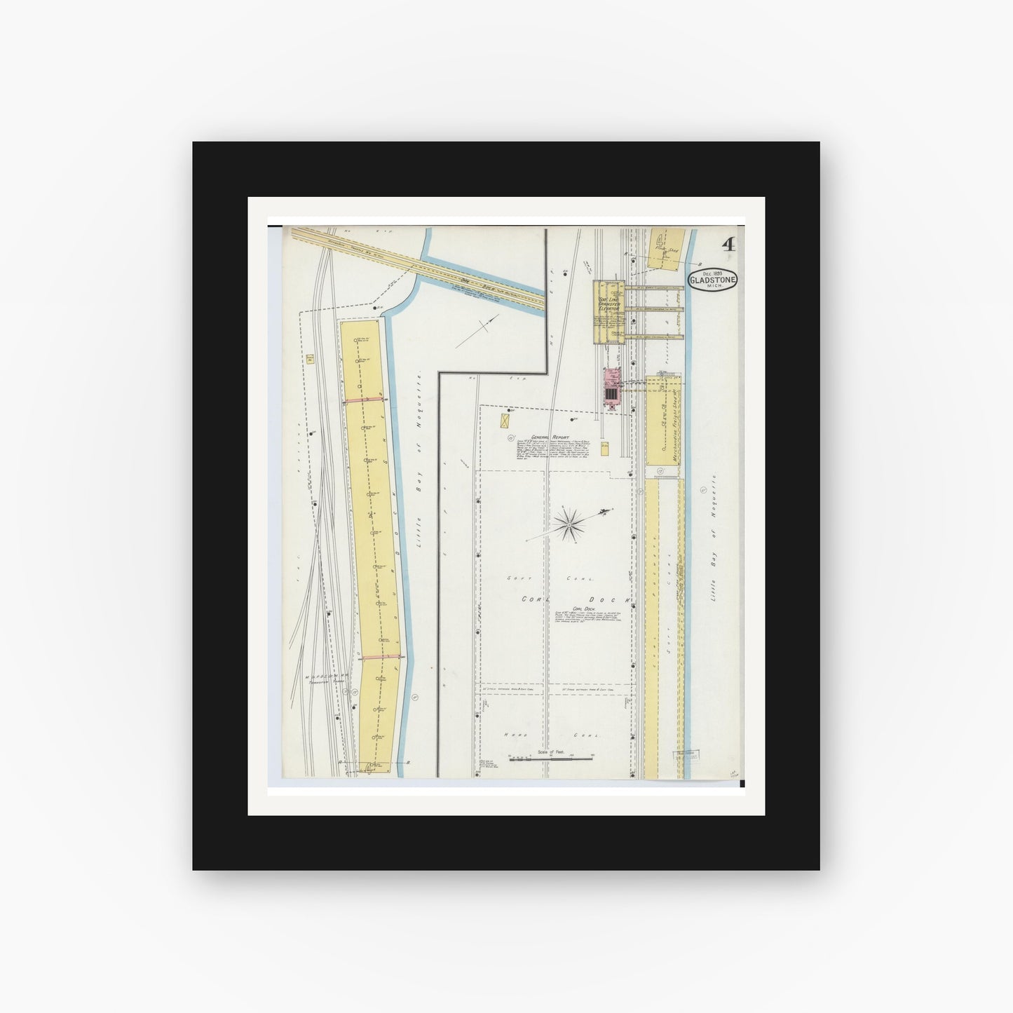 Old map wall art mockup — black gallery frame with white mat — Sanborn Fire Insurance Map from Gladstone, Delta County, Michigan (1893), Sheet #0004
