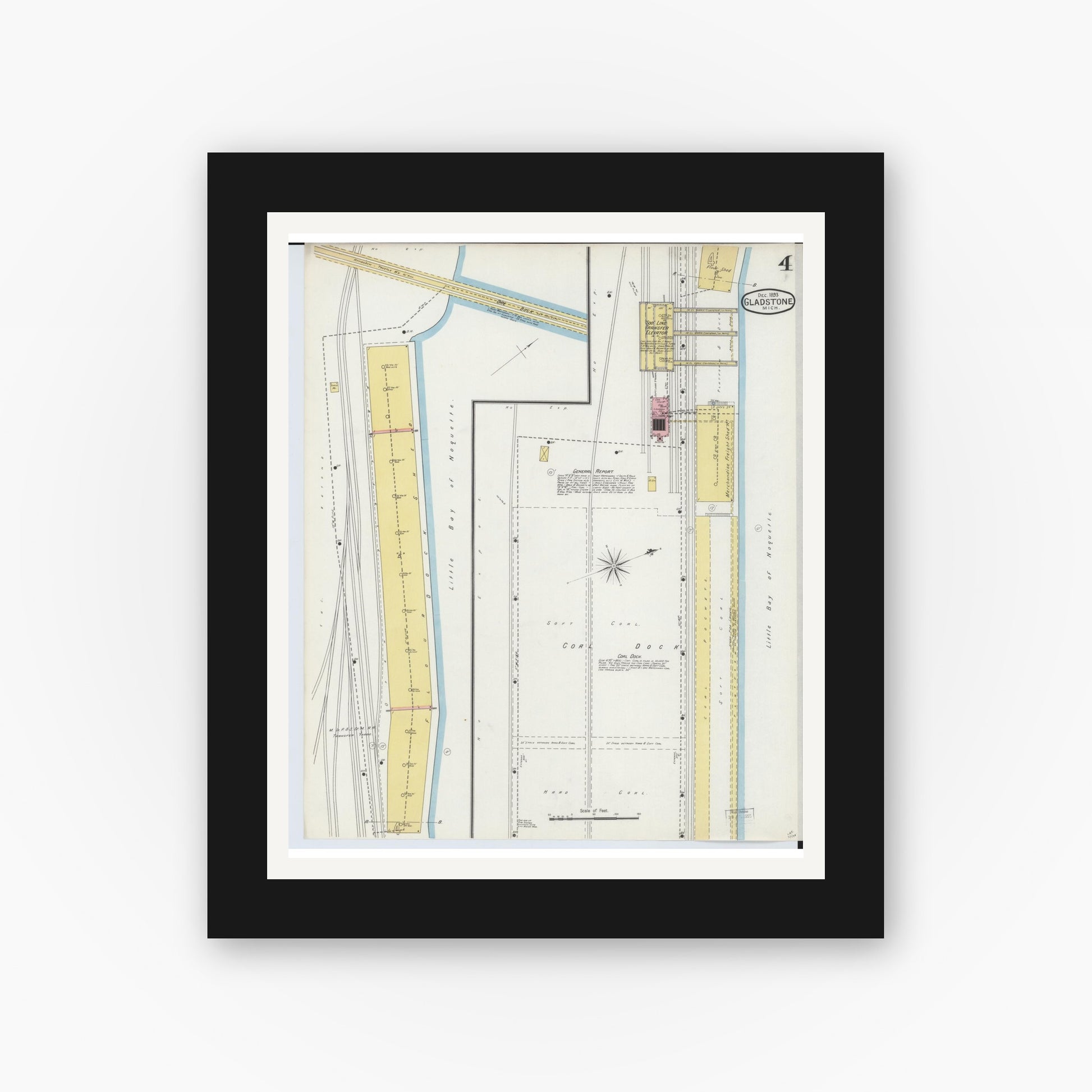 Old map wall art mockup — black gallery frame with white mat — Sanborn Fire Insurance Map from Gladstone, Delta County, Michigan (1893), Sheet #0004