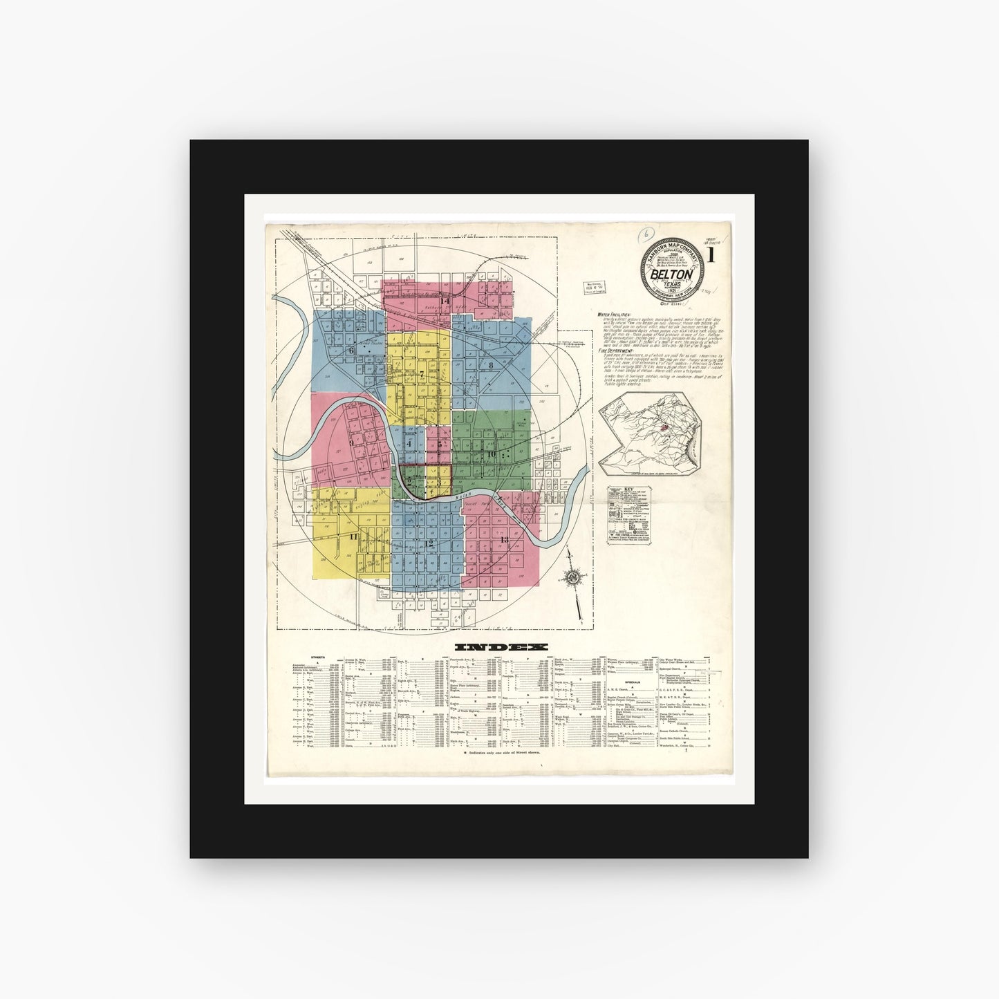 Old map wall art mockup — black gallery frame with white mat — Sanborn Fire Insurance Map from Belton, Bell County, Texas (1921), Sheet #0001
