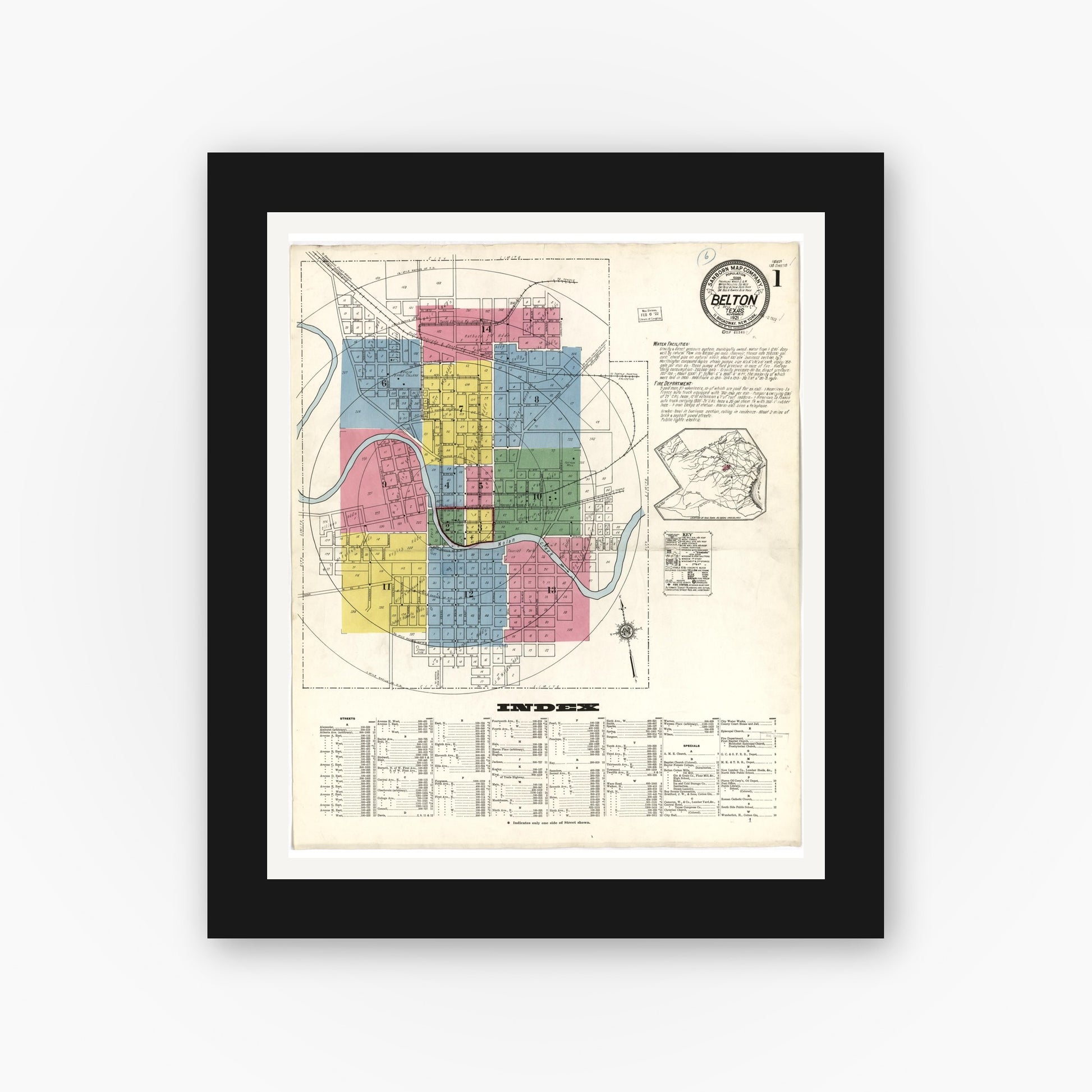 Old map wall art mockup — black gallery frame with white mat — Sanborn Fire Insurance Map from Belton, Bell County, Texas (1921), Sheet #0001