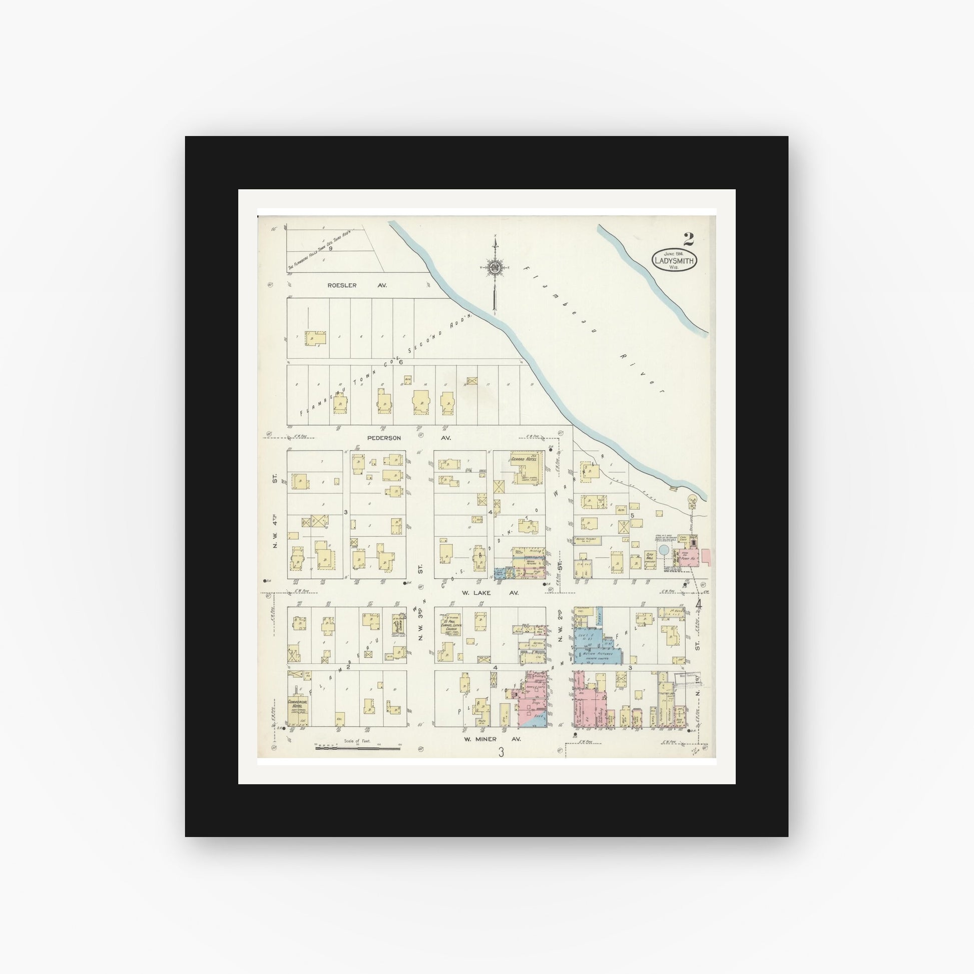 Old map wall art mockup — black gallery frame with white mat — Sanborn Fire Insurance Map from Ladysmith, Rusk County, Wisconsin (1914), Sheet #0002
