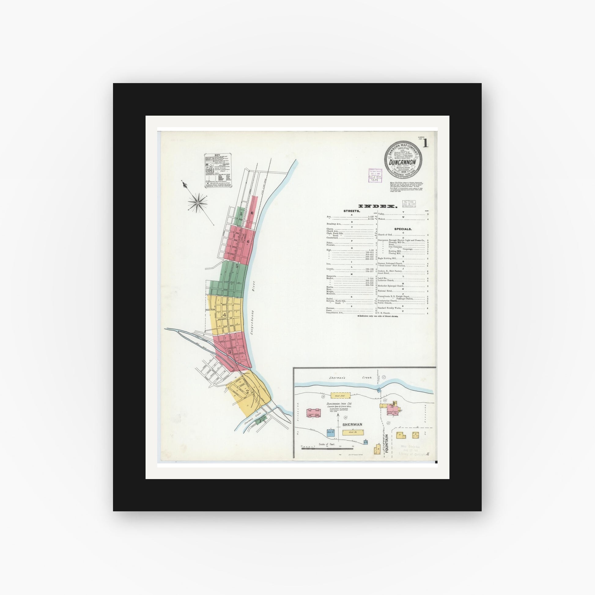 Old map wall art mockup — black gallery frame with white mat — Sanborn Fire Insurance Map from Duncannon, Perry County, Pennsylvania (1904) - Complete Map Set
