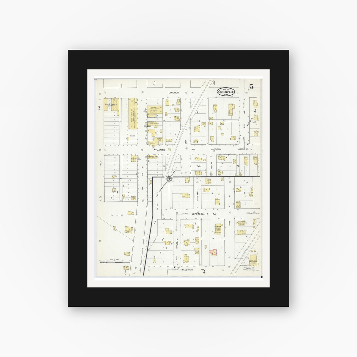 Old map wall art mockup — black gallery frame with white mat — Sanborn Fire Insurance Map from Ortonville, Big Stone County, Minnesota (1915), Sheet #0005