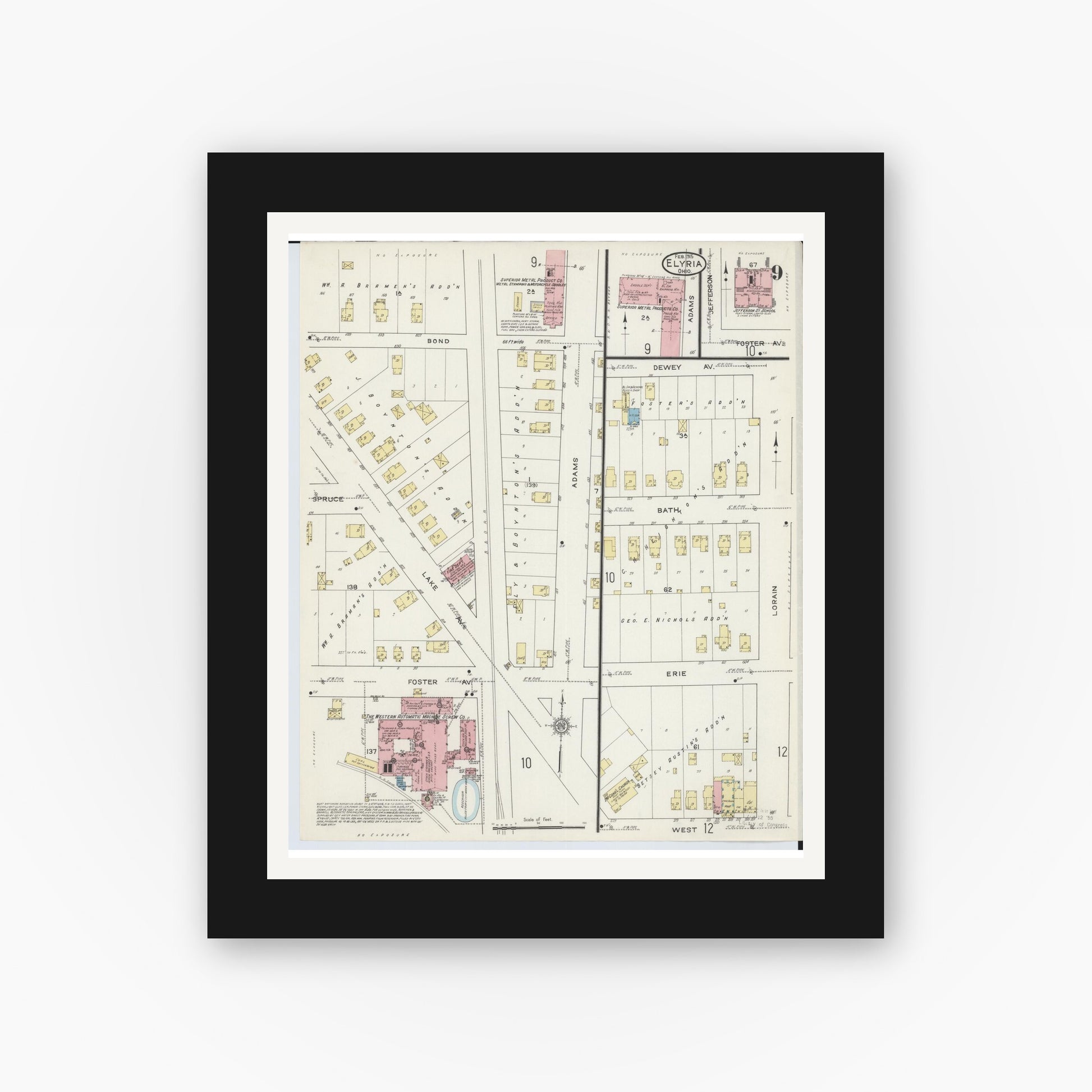 Old map wall art mockup — black gallery frame with white mat — Sanborn Fire Insurance Map from Elyria, Lorain County, Ohio (1915), Sheet #0009