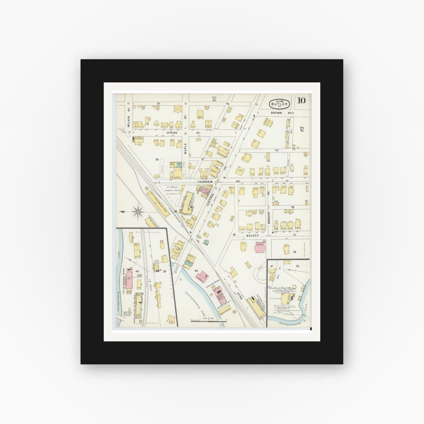 Old map wall art mockup — black gallery frame with white mat — Sanborn Fire Insurance Map from Butler, Butler County, Pennsylvania (1896), Sheet #0010