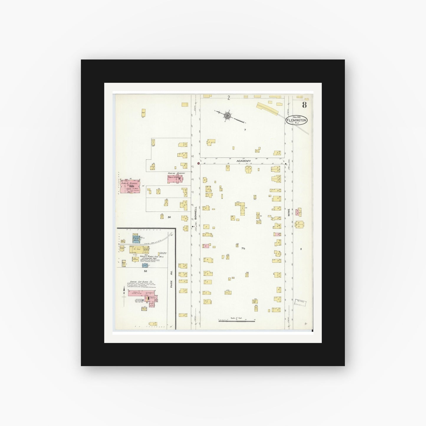 Old map wall art mockup — black gallery frame with white mat — Sanborn Fire Insurance Map from Flemington, Hunterdon County, New Jersey (1910), Sheet #0008