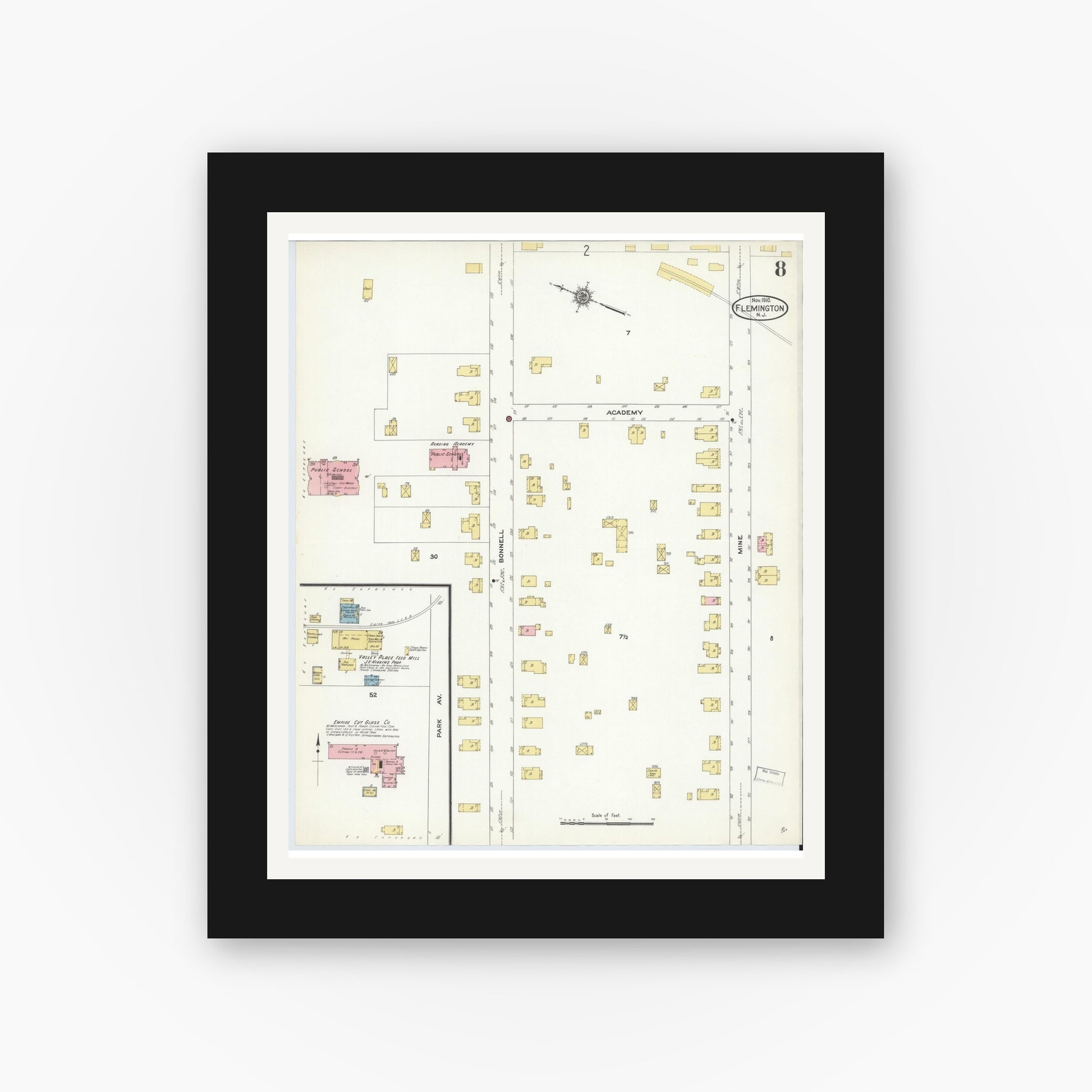 Old map wall art mockup — black gallery frame with white mat — Sanborn Fire Insurance Map from Flemington, Hunterdon County, New Jersey (1910), Sheet #0008