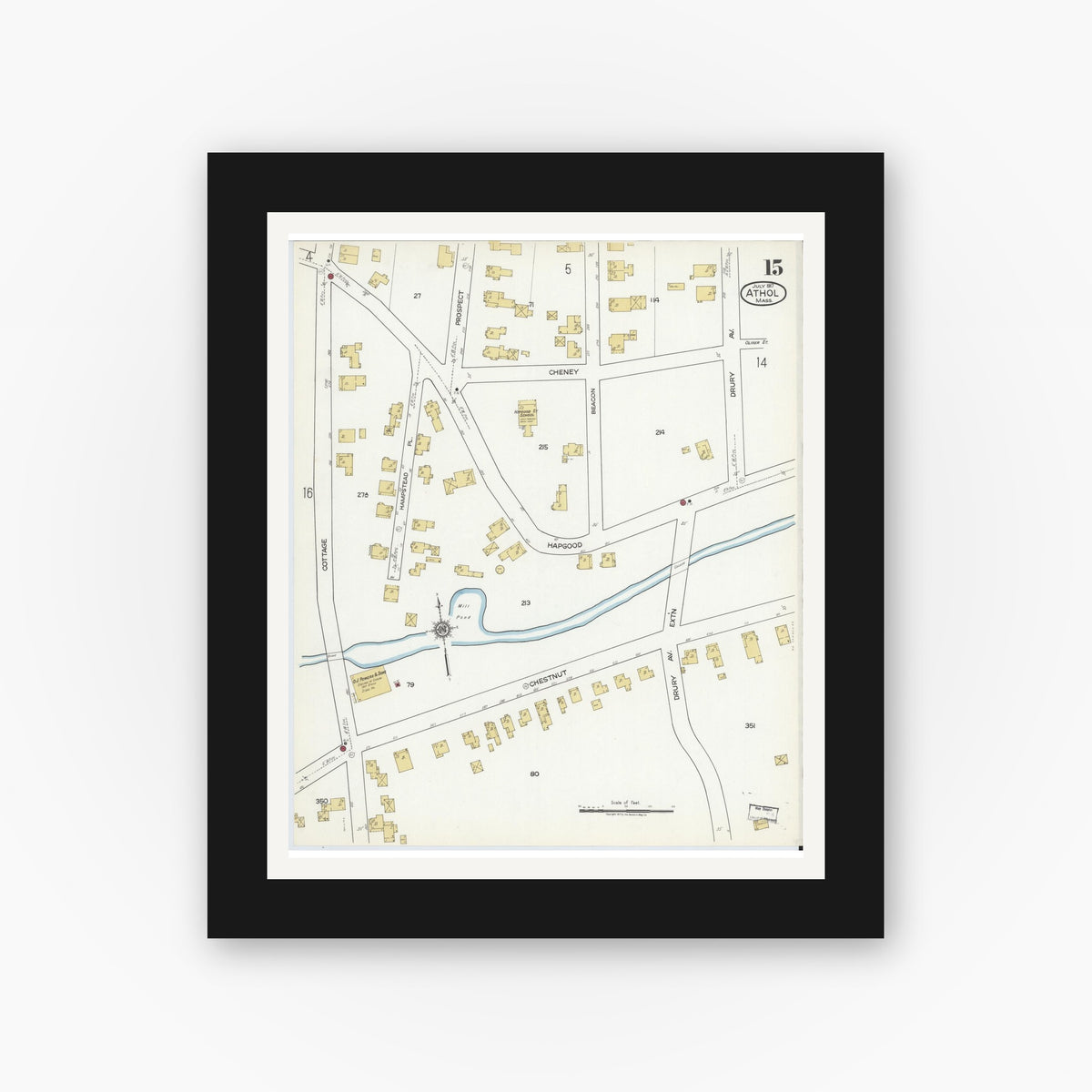 Old map wall art mockup — black gallery frame with white mat — Sanborn Fire Insurance Map from Athol, Worcester County, Massachusetts (1917), Sheet #0015