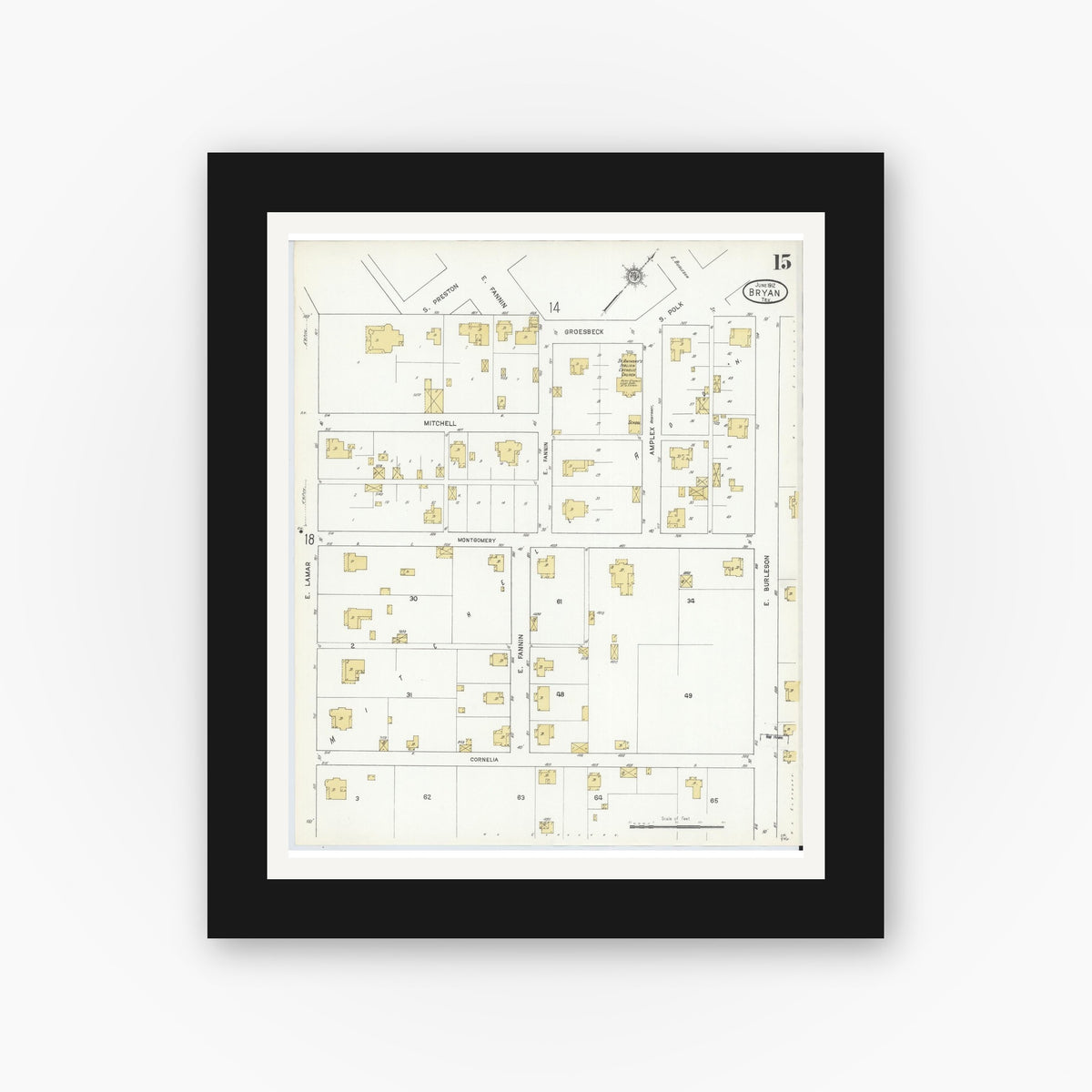 Old map wall art mockup — black gallery frame with white mat — Sanborn Fire Insurance Map from Bryan, Brazos County, Texas (1912), Sheet #0015