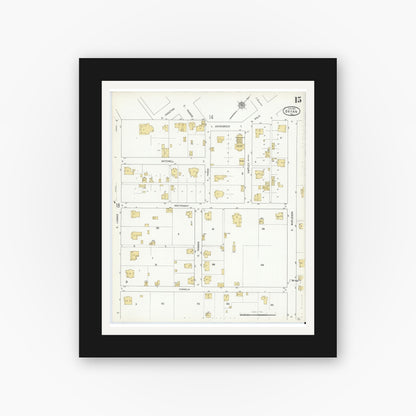 Old map wall art mockup — black gallery frame with white mat — Sanborn Fire Insurance Map from Bryan, Brazos County, Texas (1912), Sheet #0015