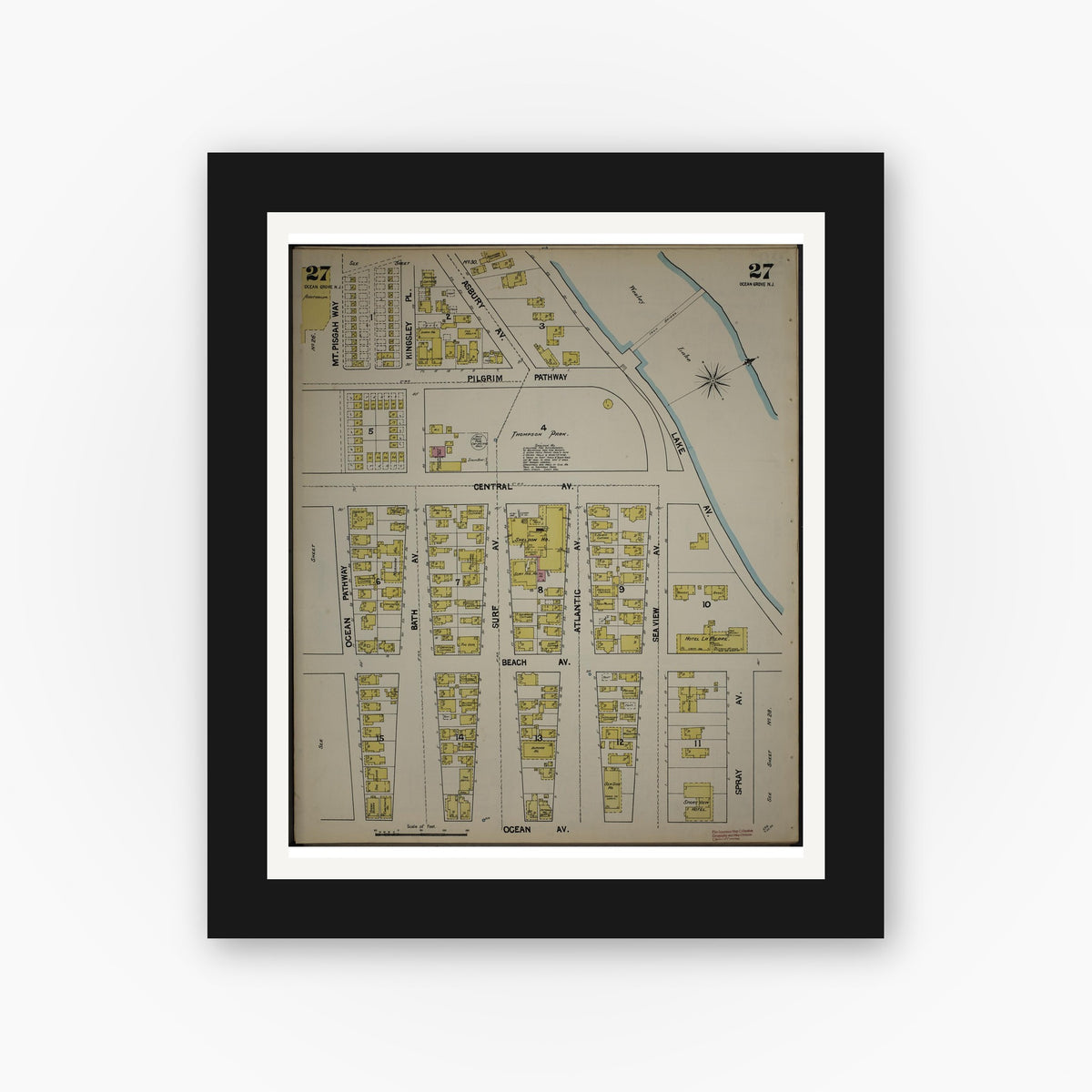 Old map wall art mockup — black gallery frame with white mat — Sanborn Fire Insurance Map from New Jersey Coast, New Jersey Coast, New Jersey (1890), Sheet #0027