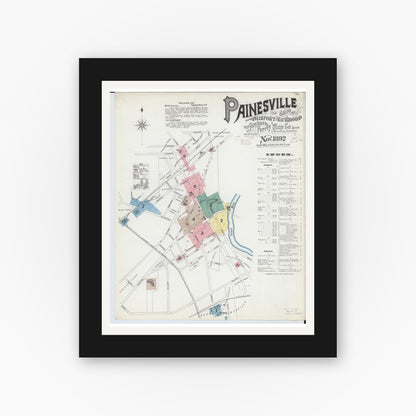 Old map wall art mockup — black gallery frame with white mat — Sanborn Fire Insurance Map from Painesville, Lake County, Ohio (1892) - Complete Map Set