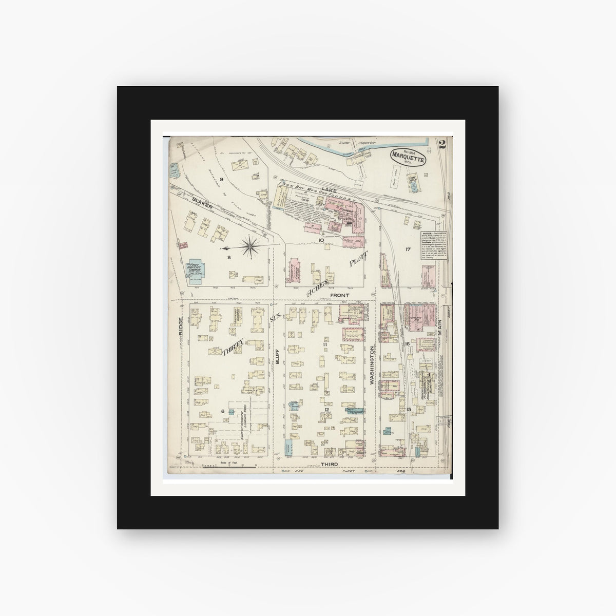 Old map wall art mockup — black gallery frame with white mat — Sanborn Fire Insurance Map from Marquette, Marquette County, Michigan (1884), Sheet #0002