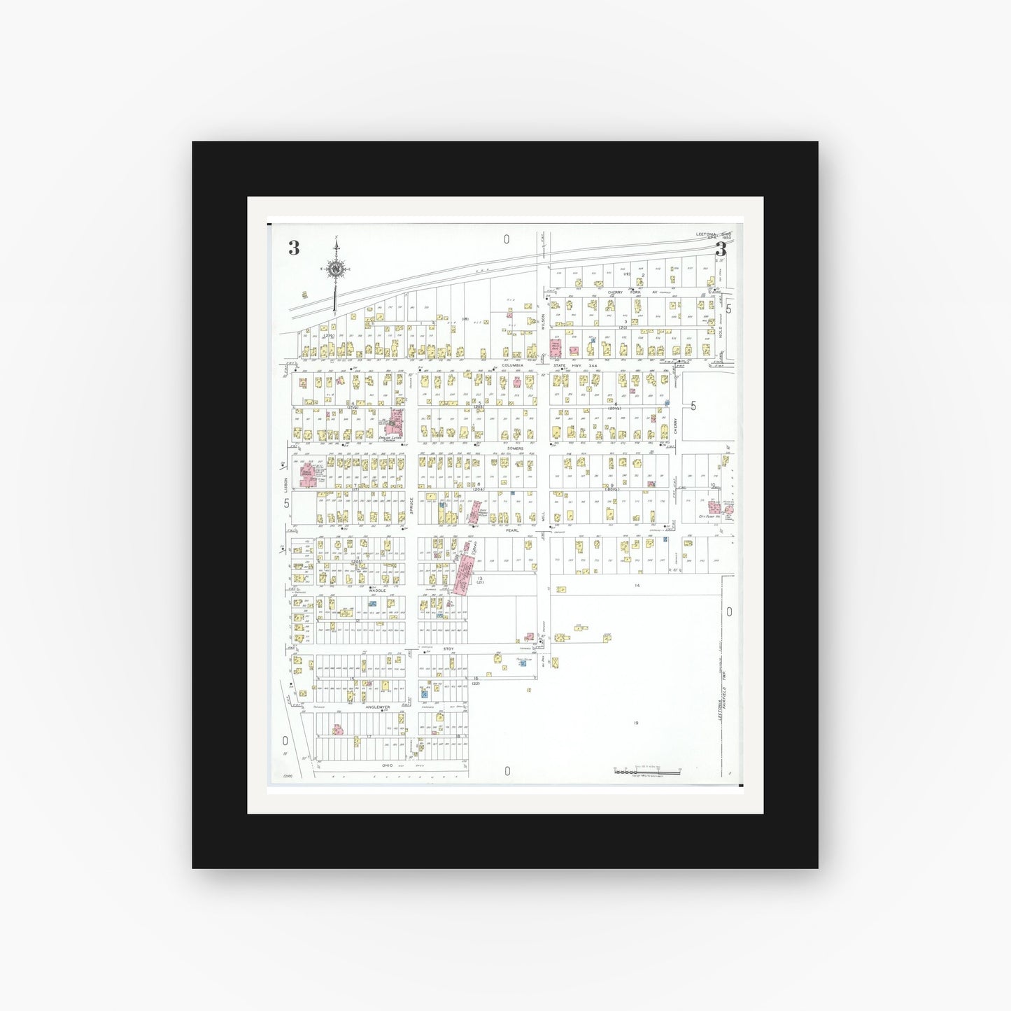 Old map wall art mockup — black gallery frame with white mat — Sanborn Fire Insurance Map from Leetonia, Columbiana County, Ohio (1950), Sheet #0003