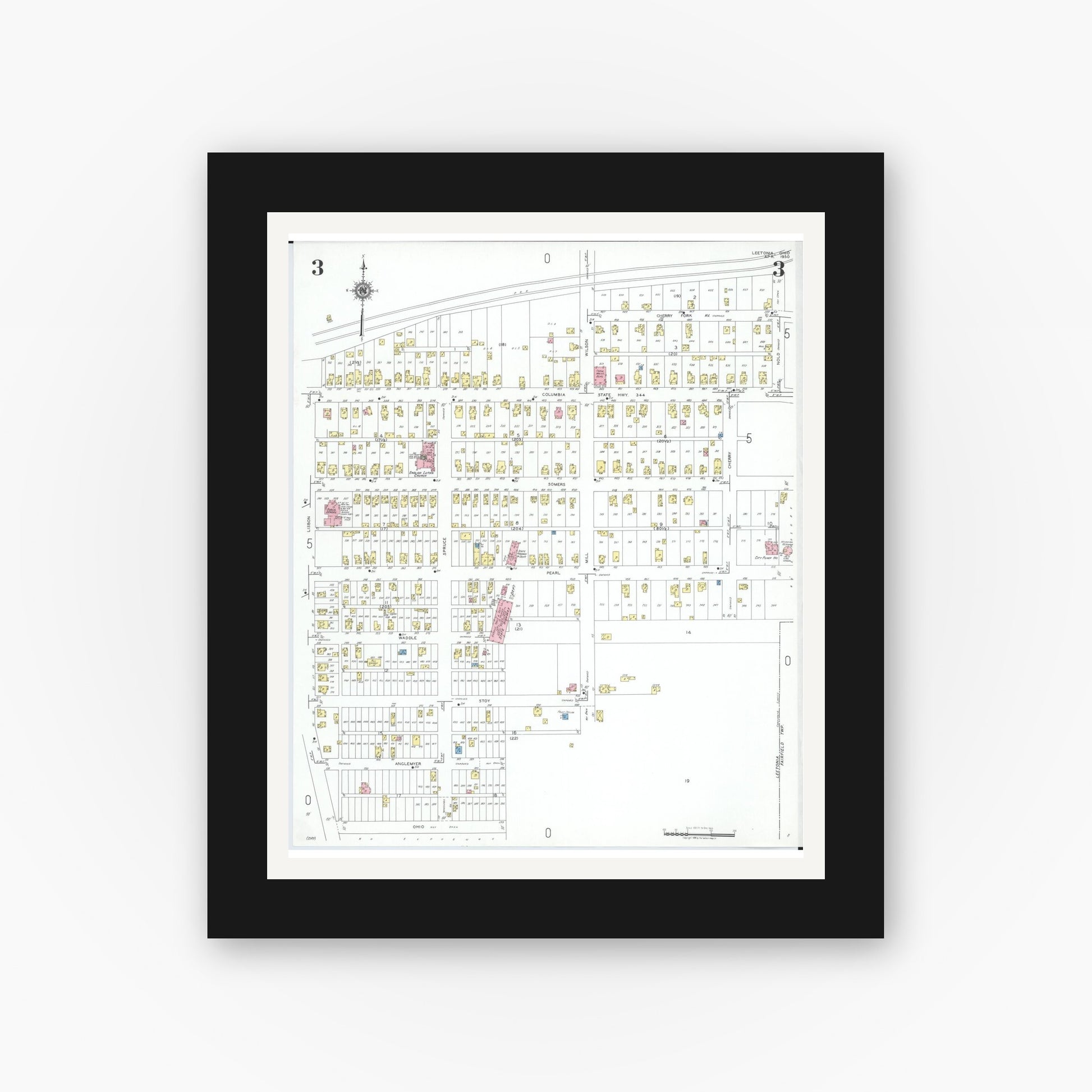 Old map wall art mockup — black gallery frame with white mat — Sanborn Fire Insurance Map from Leetonia, Columbiana County, Ohio (1950), Sheet #0003
