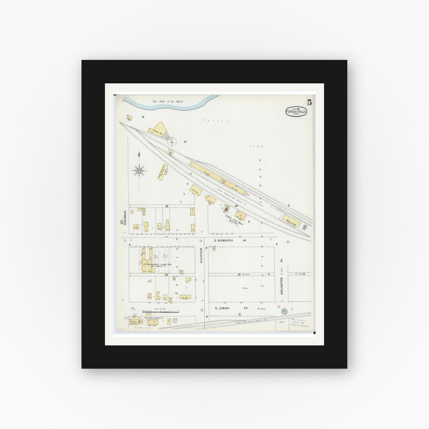 Old map wall art mockup — black gallery frame with white mat — Sanborn Fire Insurance Map from Fergus Falls, Otter Tail County, Minnesota (1896), Sheet #0005