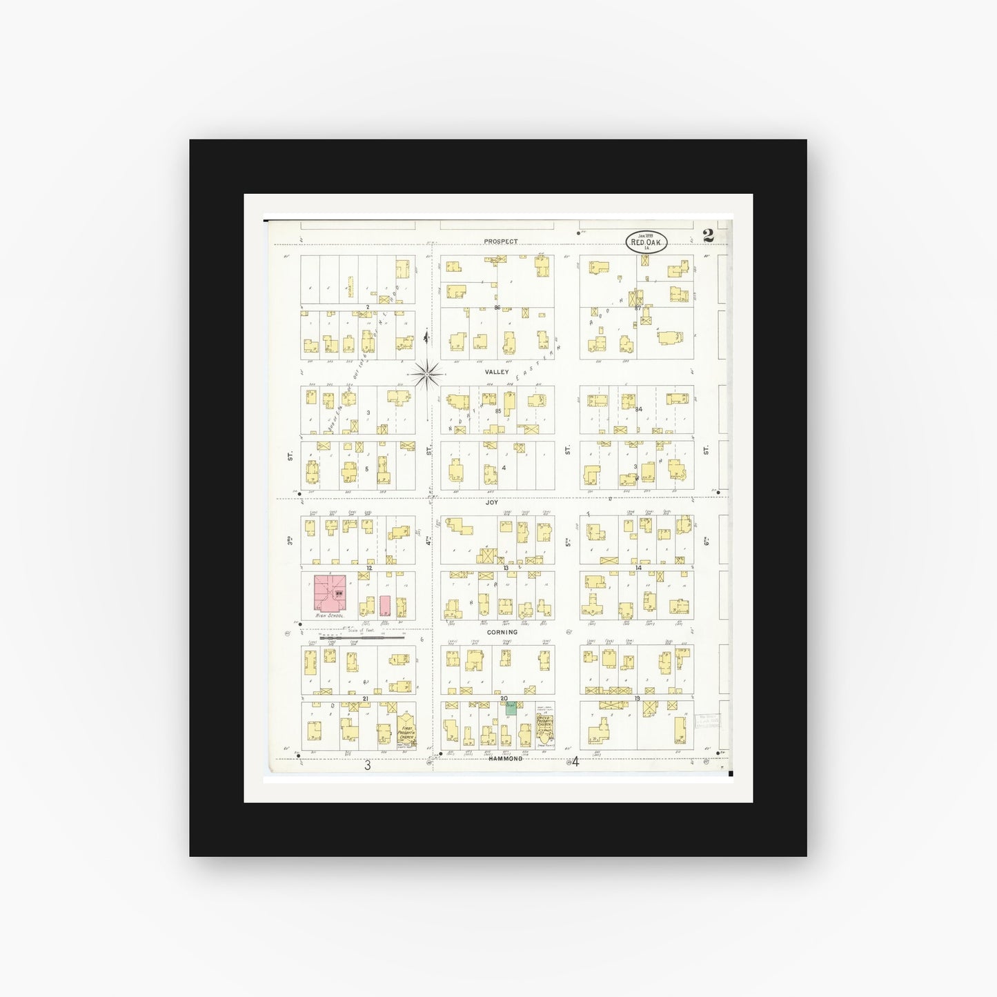 Old map wall art mockup — black gallery frame with white mat — Sanborn Fire Insurance Map from Red Oak, Montgomery County, Iowa (1899), Sheet #0002