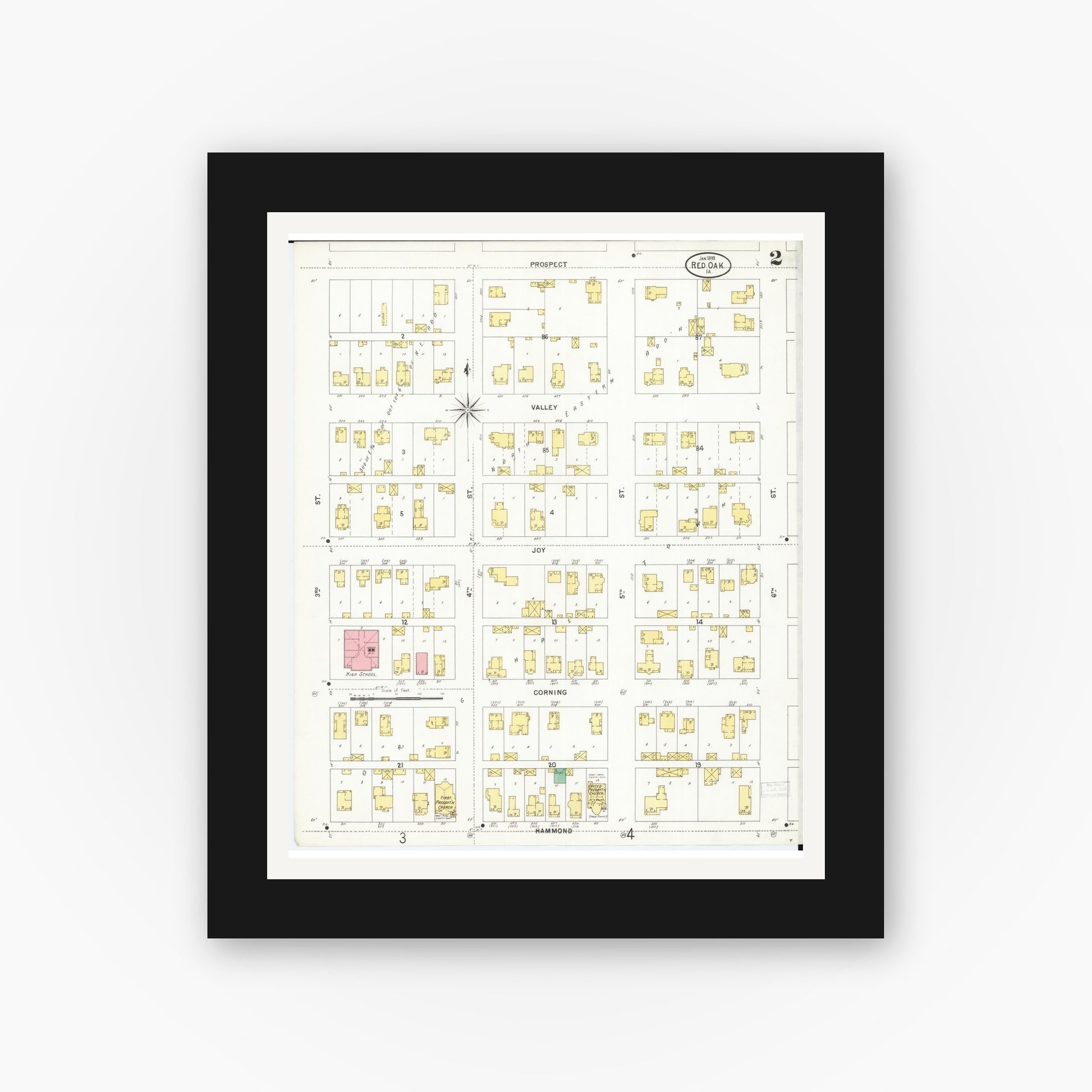 Old map wall art mockup — black gallery frame with white mat — Sanborn Fire Insurance Map from Red Oak, Montgomery County, Iowa (1899), Sheet #0002
