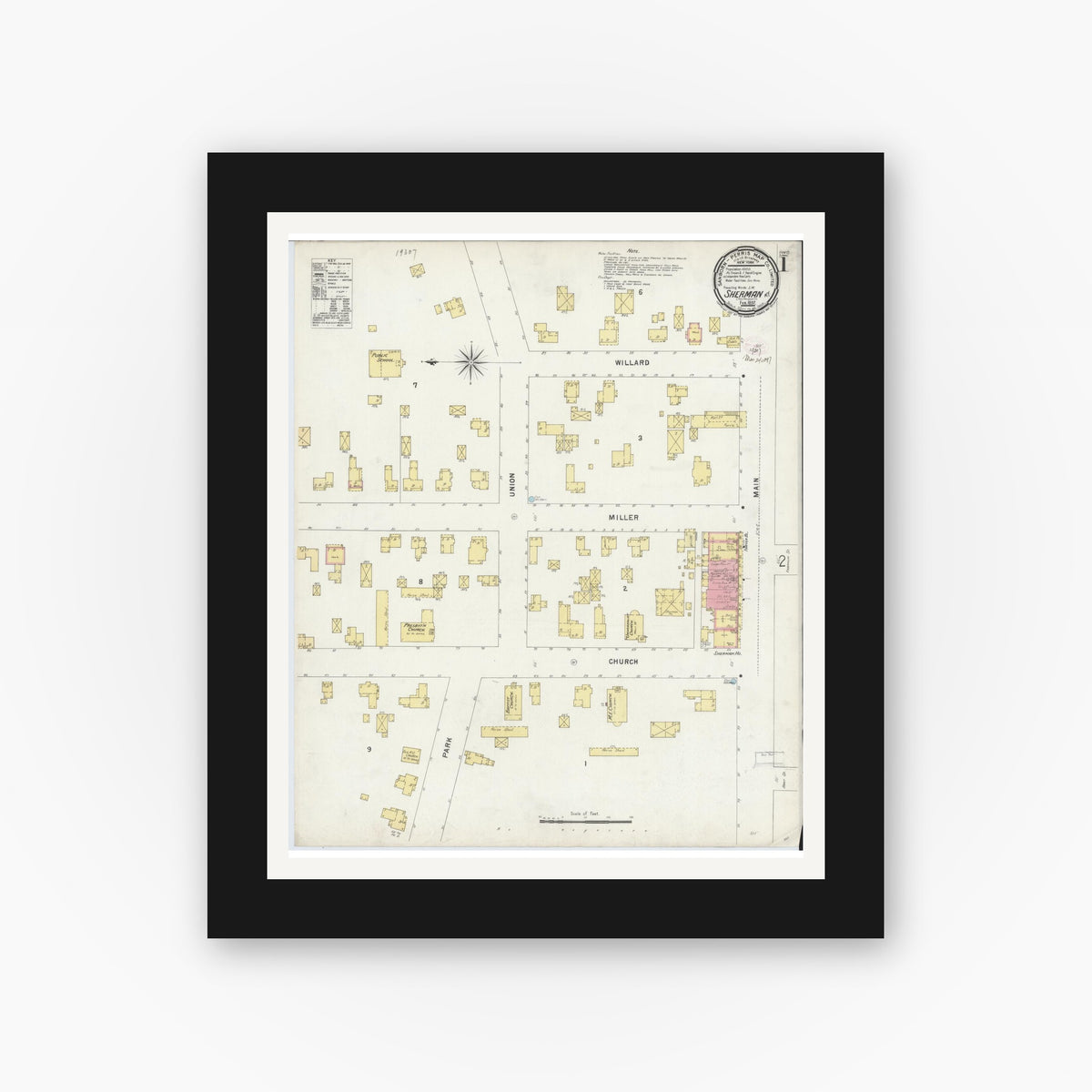Old map wall art mockup — black gallery frame with white mat — Sanborn Fire Insurance Map from Sherman, Chautauqua County, New York (1897), Sheet #0001