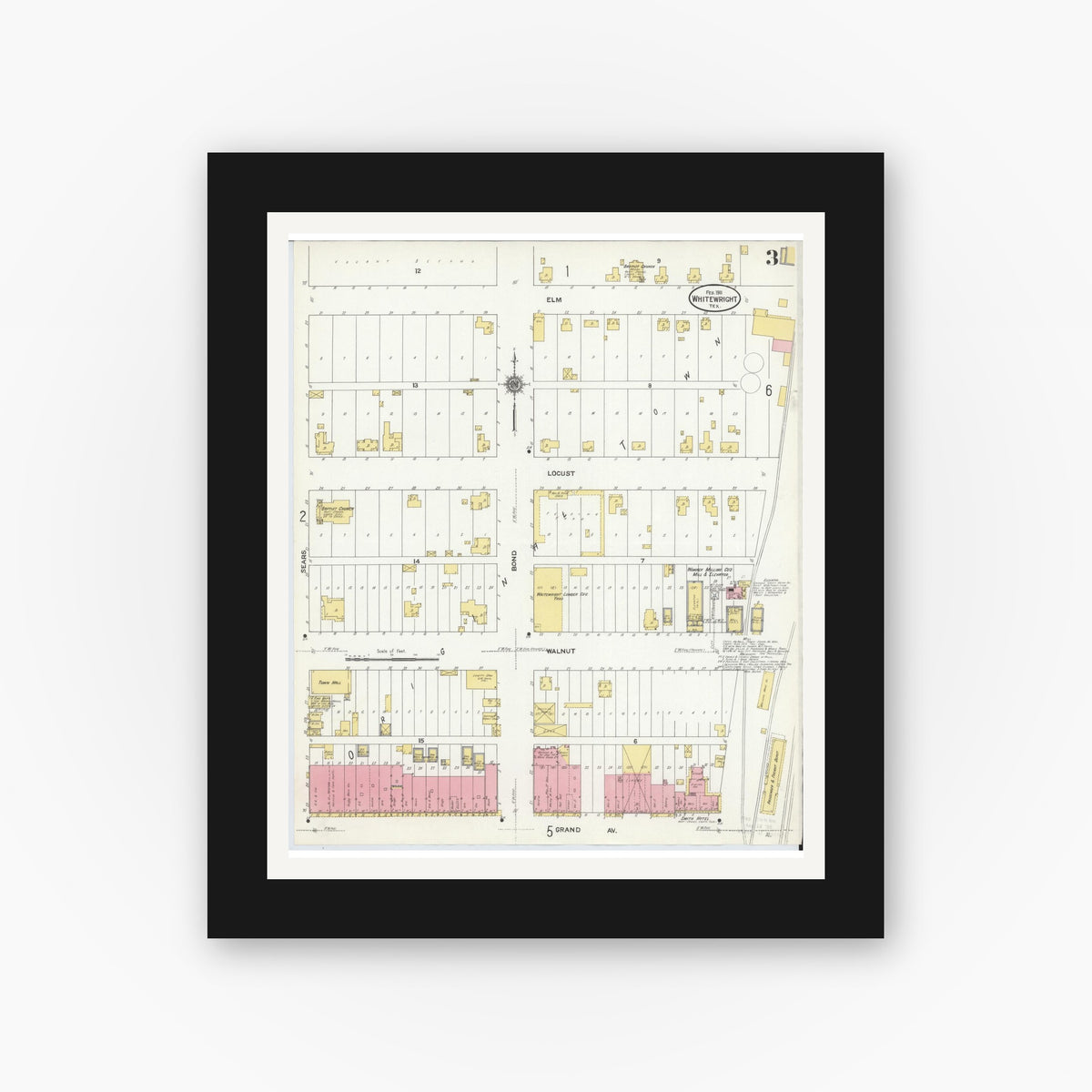Old map wall art mockup — black gallery frame with white mat — Sanborn Fire Insurance Map from Whitewright, Grayson County, Texas (1911), Sheet #0003