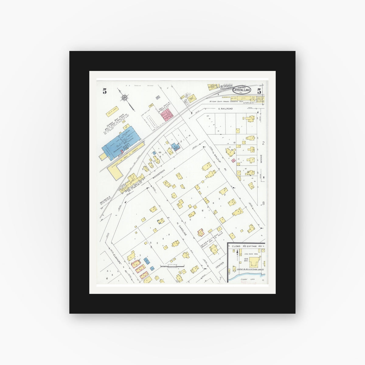 Old map wall art mockup — black gallery frame with white mat — Sanborn Fire Insurance Map from Crystal Lake, McHenry County, Illinois (1929), Sheet #0005