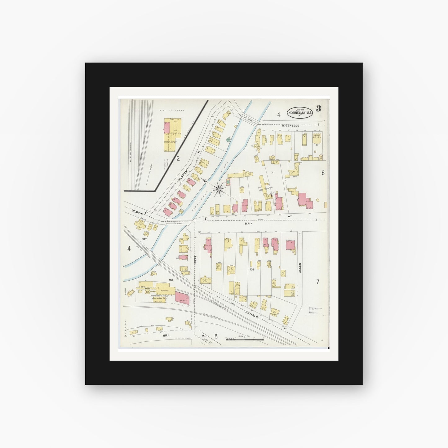Old map wall art mockup — black gallery frame with white mat — Sanborn Fire Insurance Map from Hornell, Steuben County, New York (1898), Sheet #0003