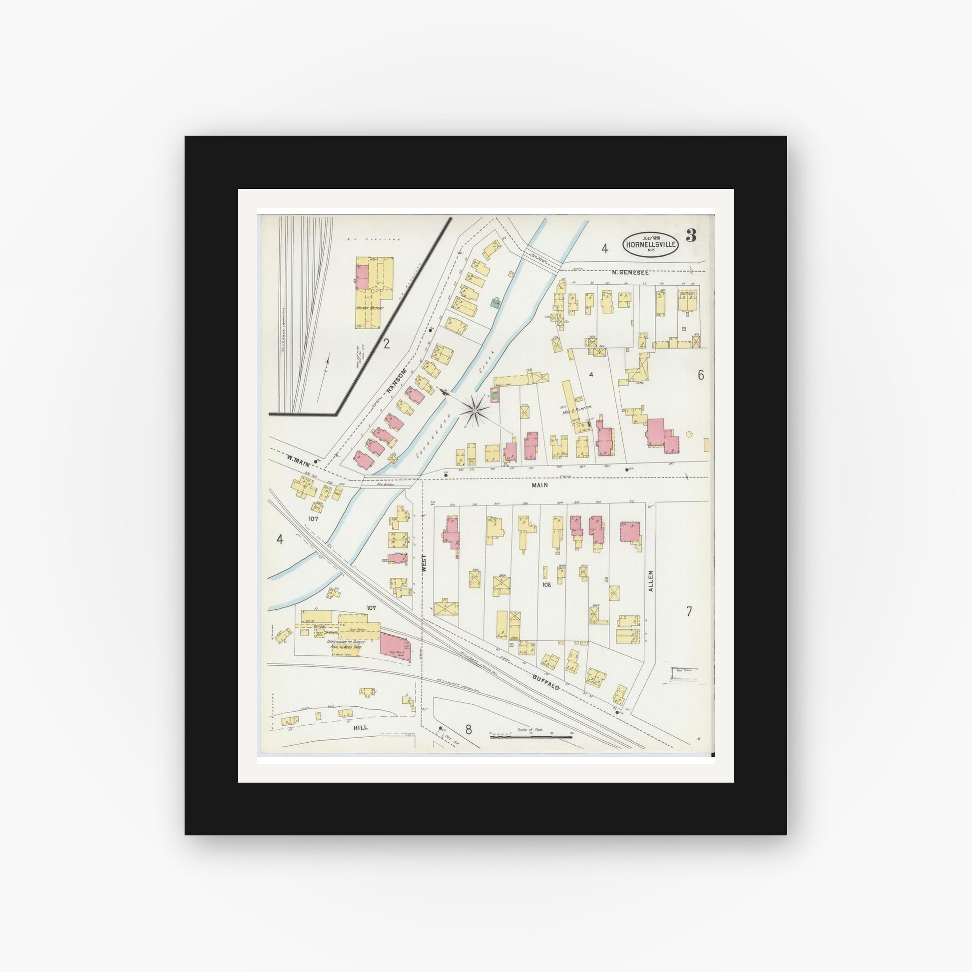 Old map wall art mockup — black gallery frame with white mat — Sanborn Fire Insurance Map from Hornell, Steuben County, New York (1898), Sheet #0003