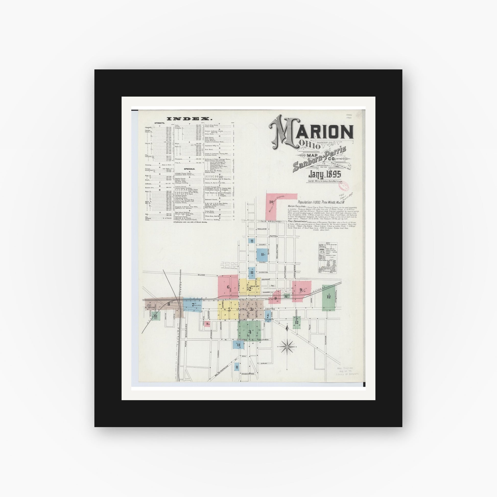 Old map wall art mockup — black gallery frame with white mat — Sanborn Fire Insurance Map from Marion, Marion County, Ohio (1895) - Complete Map Set