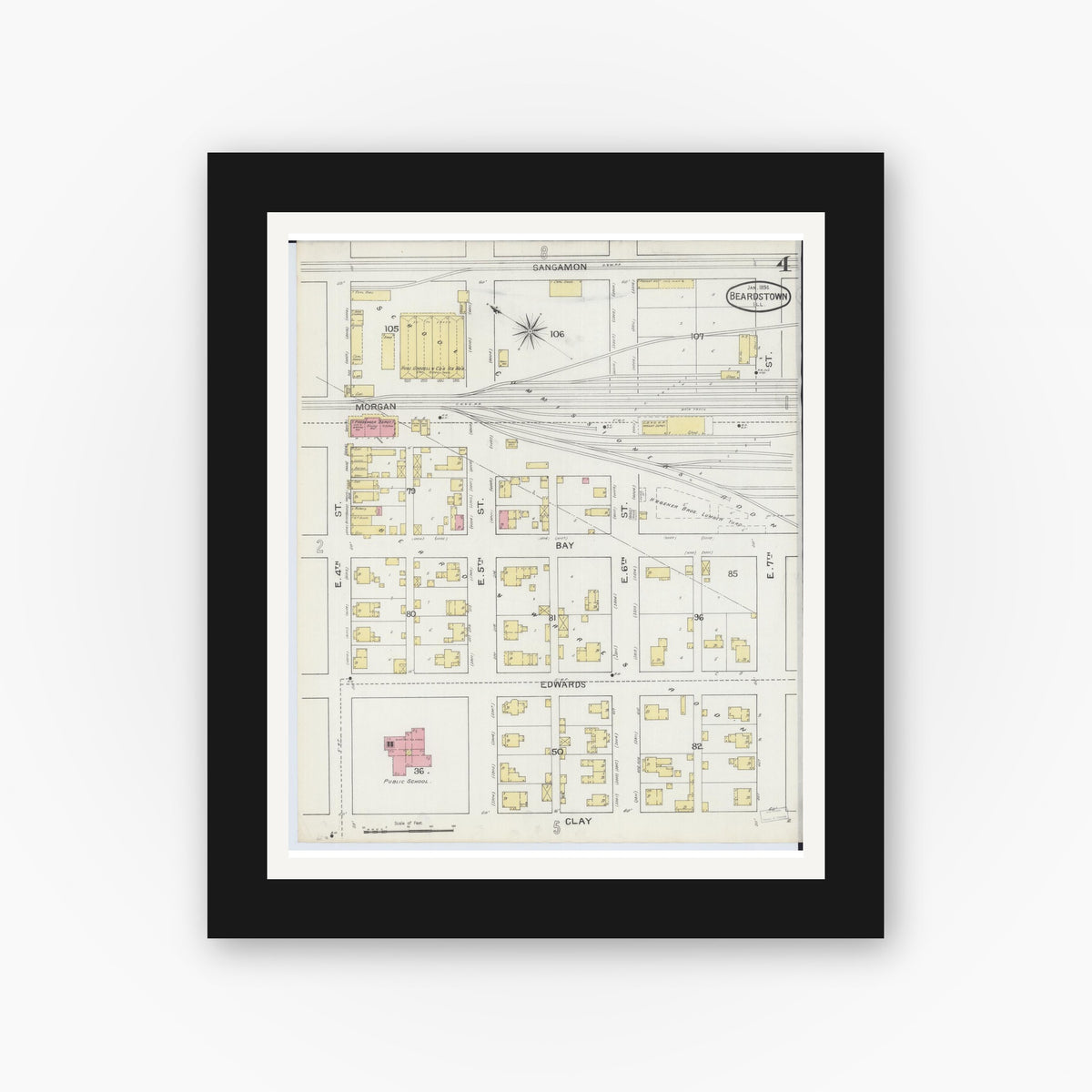 Old map wall art mockup — black gallery frame with white mat — Sanborn Fire Insurance Map from Beardstown, Cass County, Illinois (1894), Sheet #0004