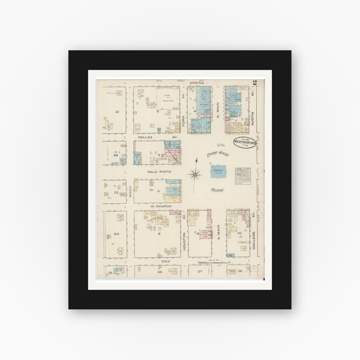 Old map wall art mockup — black gallery frame with white mat — Sanborn Fire Insurance Map from Weatherford, Parker County, Texas (1885), Sheet #0002