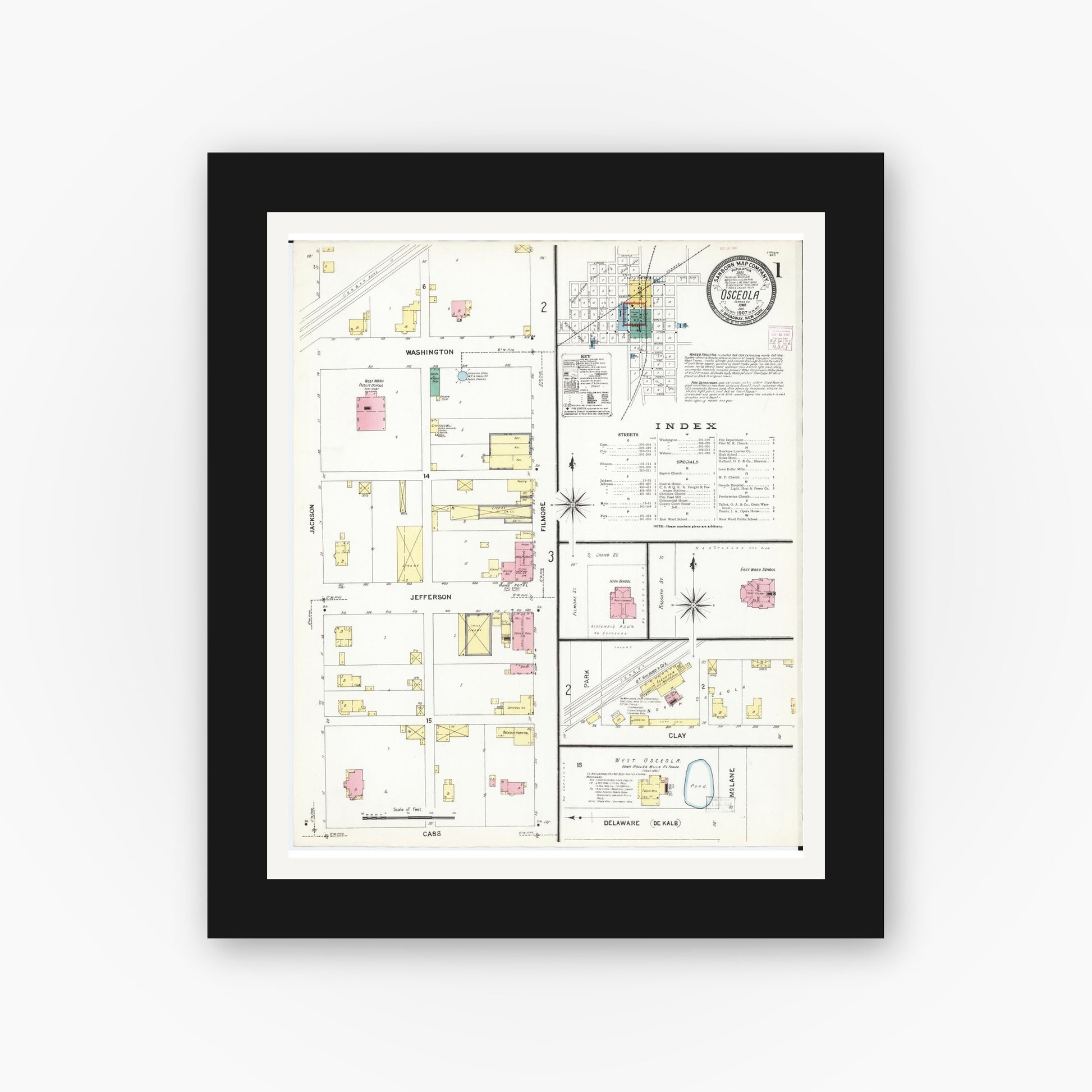 Old map wall art mockup — black gallery frame with white mat — Sanborn Fire Insurance Map from Osceola, Clarke County, Iowa (1907) â€” Complete Set