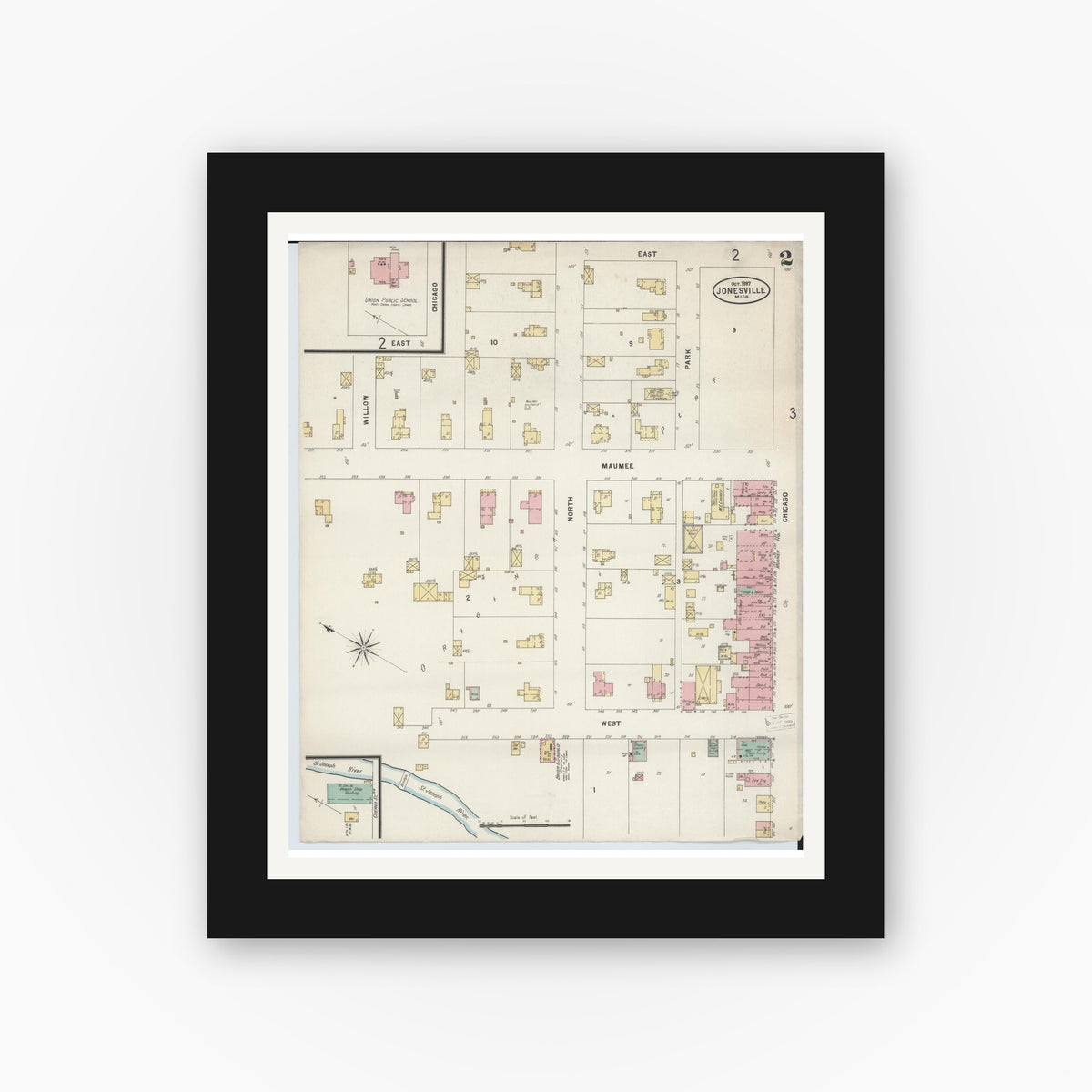 Old map wall art mockup — black gallery frame with white mat — Sanborn Fire Insurance Map from Jonesville, Hillsdale County, Michigan (1897), Sheet #0002