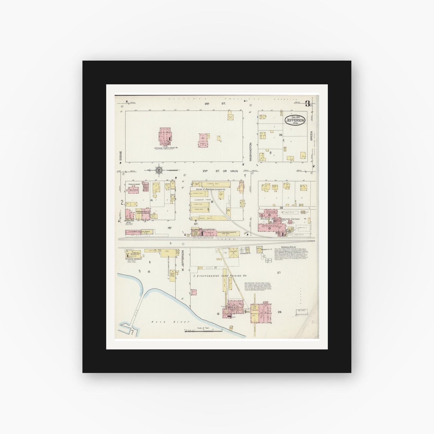 Old map wall art mockup — black gallery frame with white mat — Sanborn Fire Insurance Map from Jefferson, Jefferson County, Wisconsin (1914), Sheet #0003