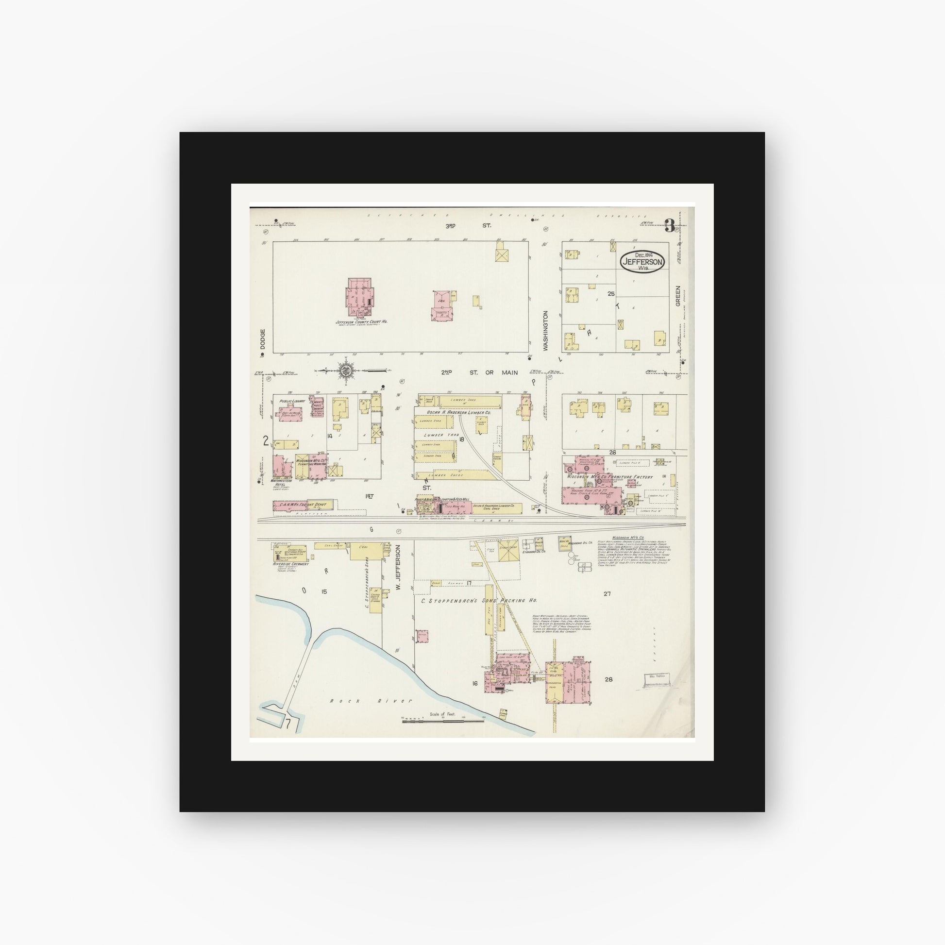 Old map wall art mockup — black gallery frame with white mat — Sanborn Fire Insurance Map from Jefferson, Jefferson County, Wisconsin (1914), Sheet #0003
