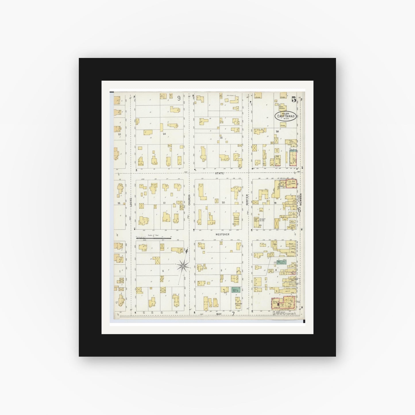 Old map wall art mockup — black gallery frame with white mat — Sanborn Fire Insurance Map from Tawas City, Iosco County, Michigan (1898), Sheet #0005