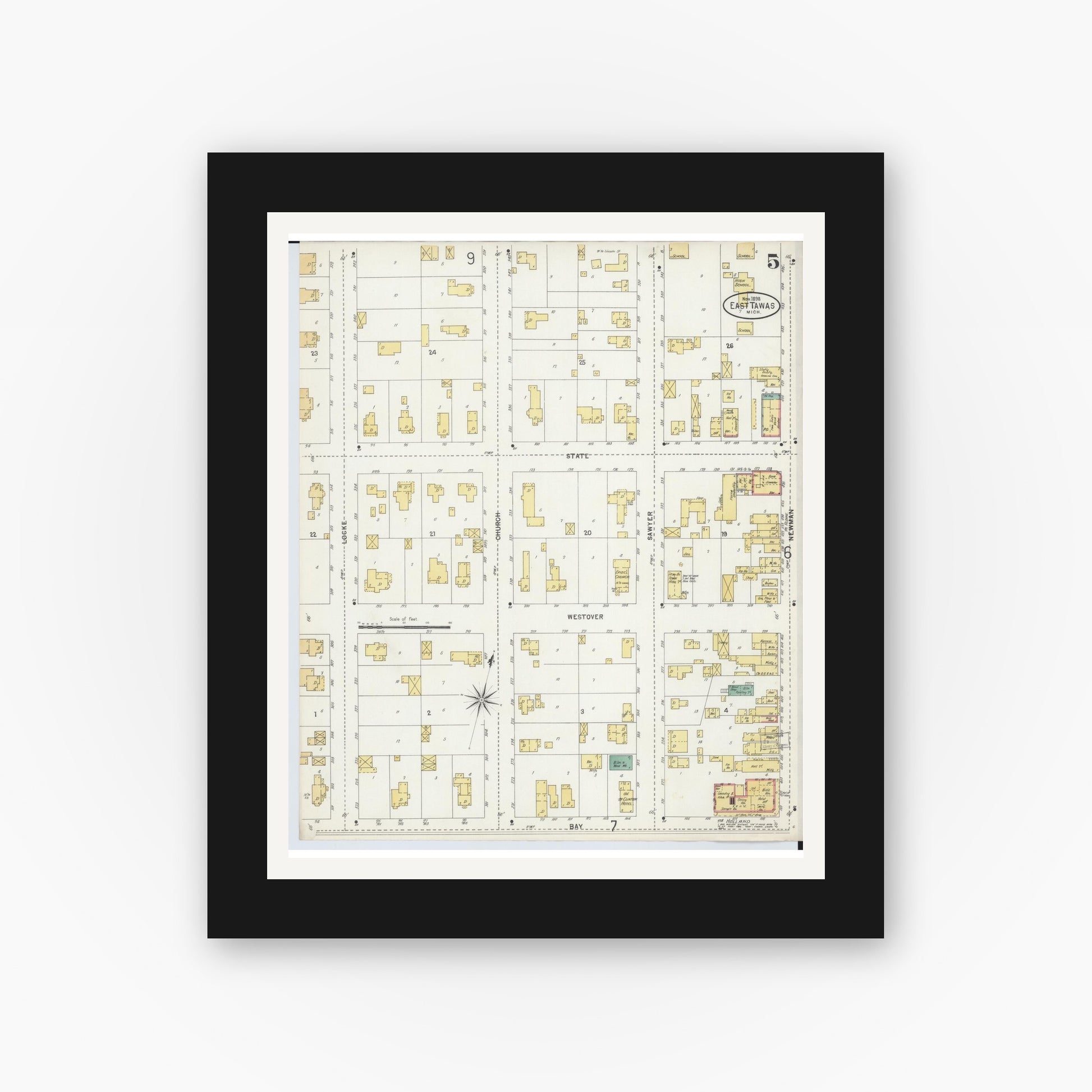 Old map wall art mockup — black gallery frame with white mat — Sanborn Fire Insurance Map from Tawas City, Iosco County, Michigan (1898), Sheet #0005